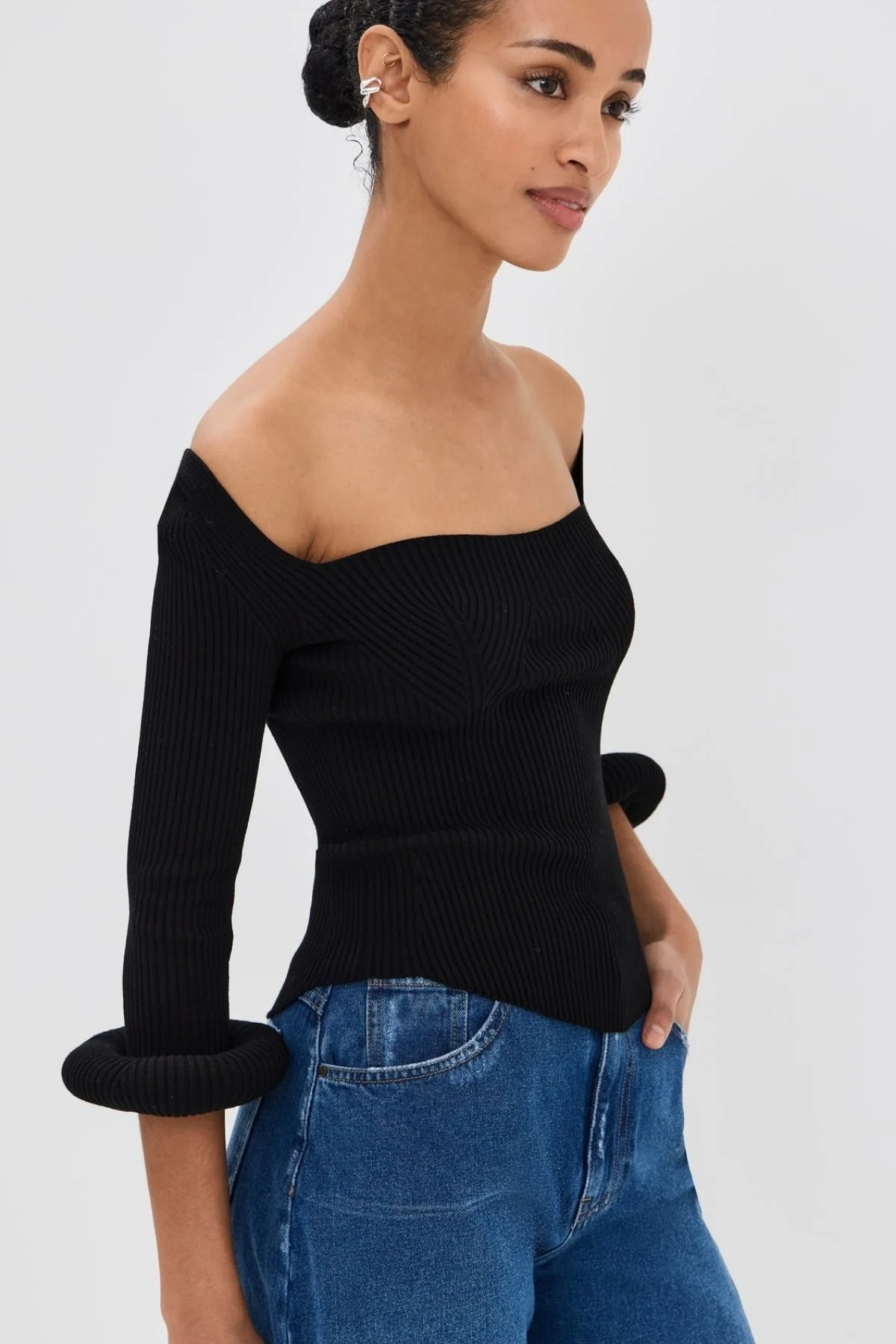 A.W.A.K.E. Mode Square Neck Knit Doughnut Cuffs - Black - Image 2