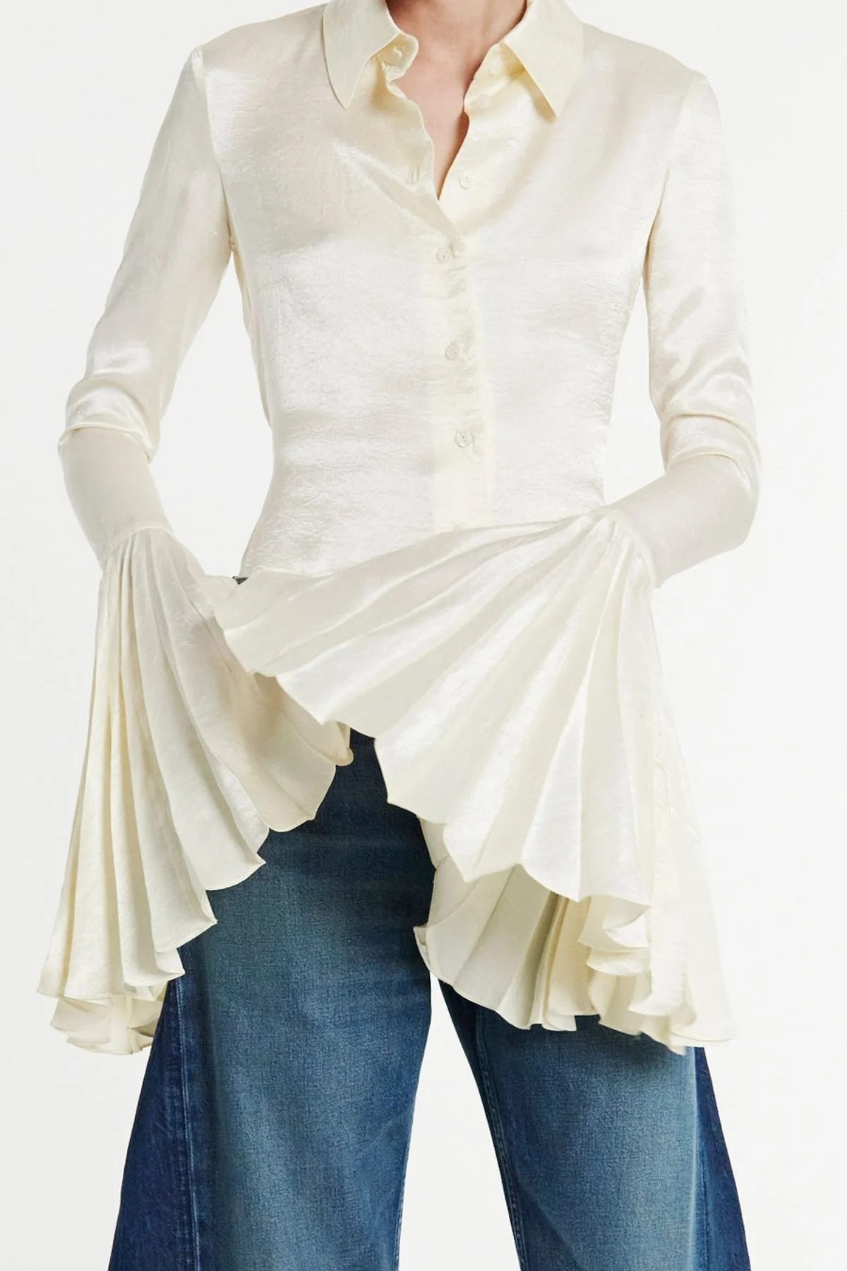 A.W.A.K.E. Mode Satin Shirt Pleated Bell Sleeves - Ivory - Image 2