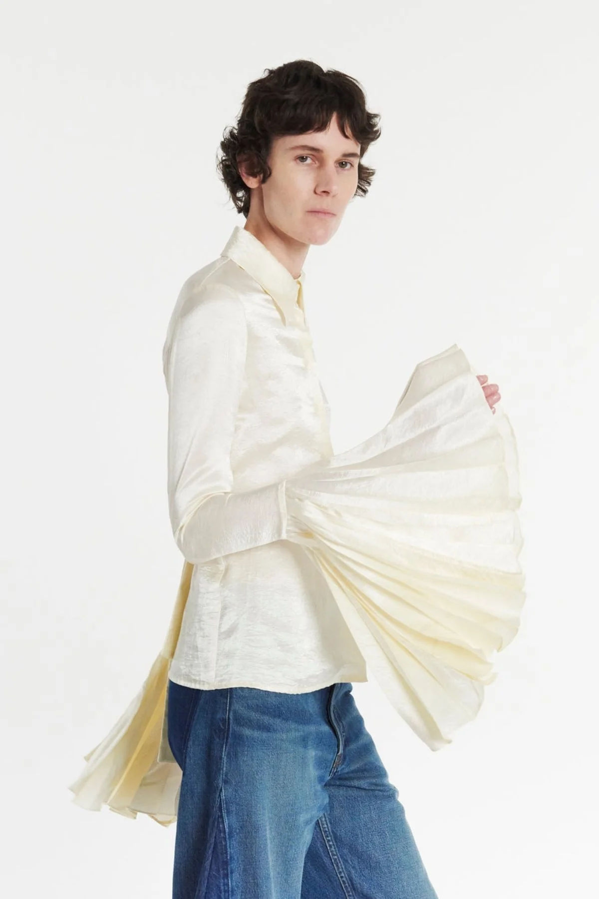 A.W.A.K.E. Mode Satin Shirt Pleated Bell Sleeves - Ivory - Image 4