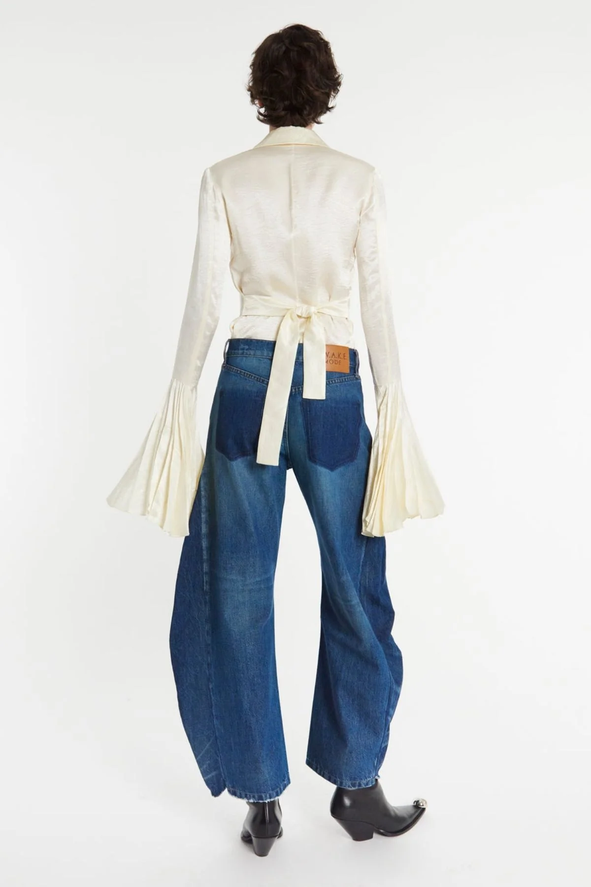 A.W.A.K.E. Mode Satin Shirt Pleated Bell Sleeves - Ivory - Image 5