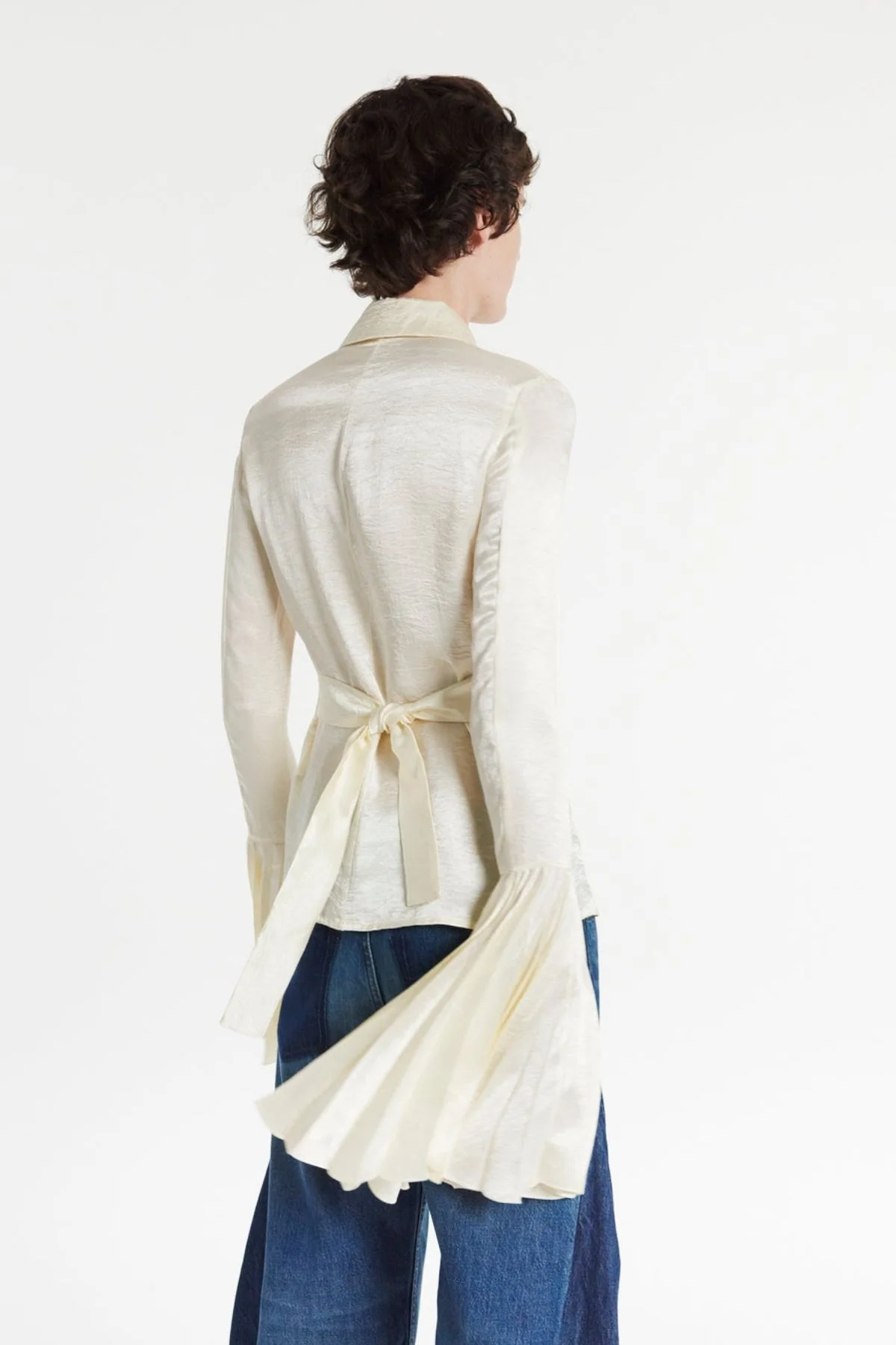 A.W.A.K.E. Mode Satin Shirt Pleated Bell Sleeves - Ivory - Image 6