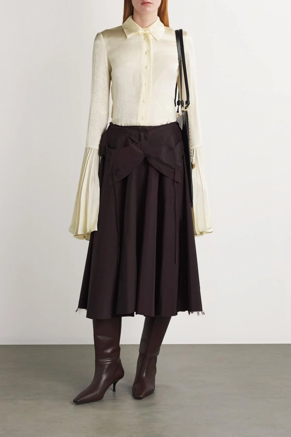 A.W.A.K.E. Mode Satin Shirt Pleated Bell Sleeves - Ivory - Image 7