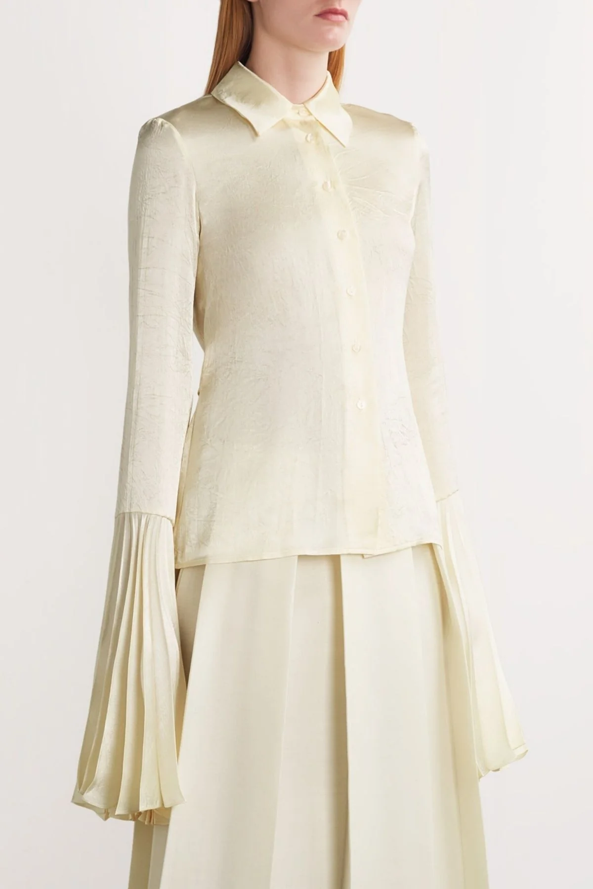 A.W.A.K.E. Mode Satin Shirt Pleated Bell Sleeves - Ivory - Image 8