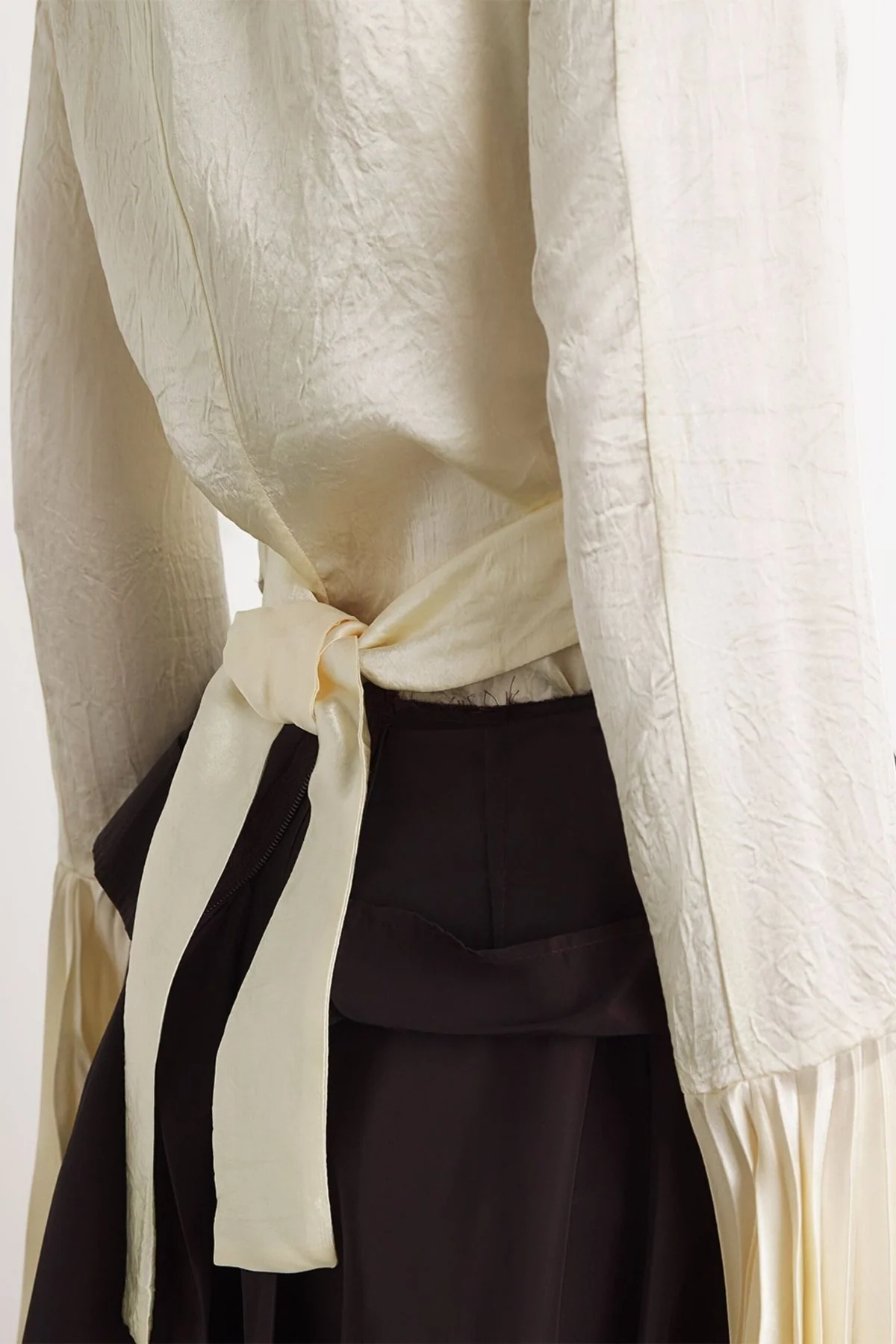 A.W.A.K.E. Mode Satin Shirt Pleated Bell Sleeves - Ivory - Image 9