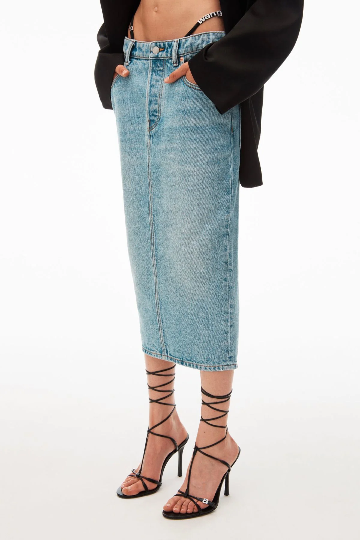 Alexander Wang Diamante Bikini Strap Denim Midi Skirt - Vintage Faded Indigo - Image 4