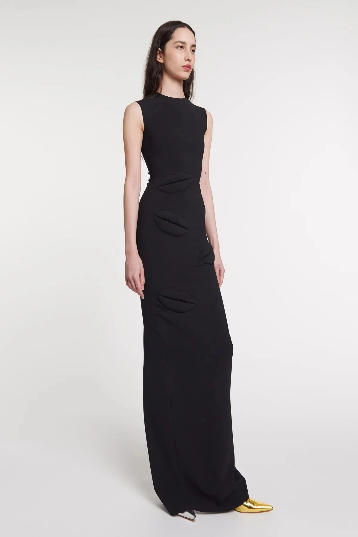 A.W.A.K.E. Mode Fitted Maxi Dress with Lip Applique - Black - Image 4