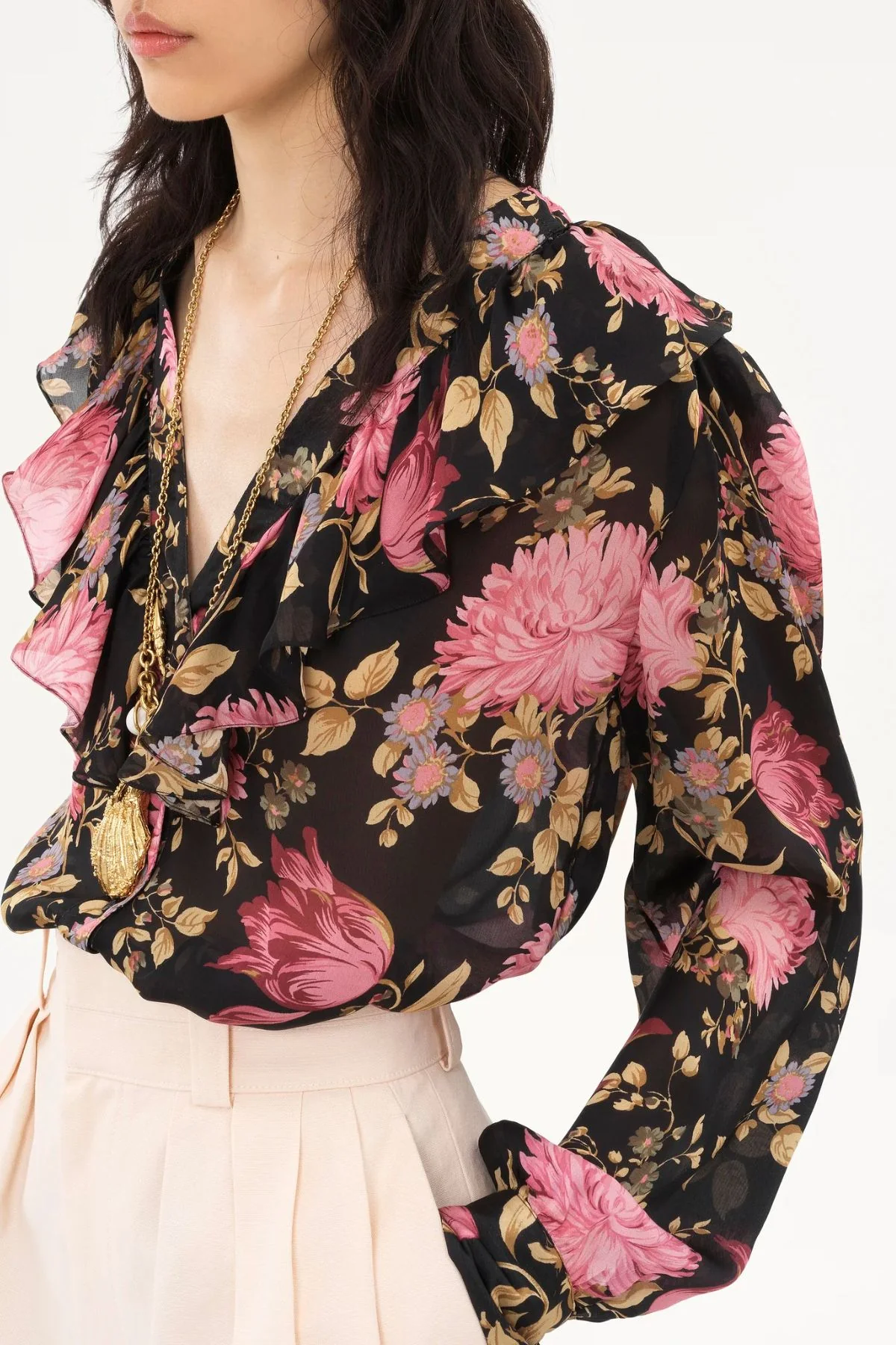 Chloé Floral Ruffle LS Top - Black - Image 3