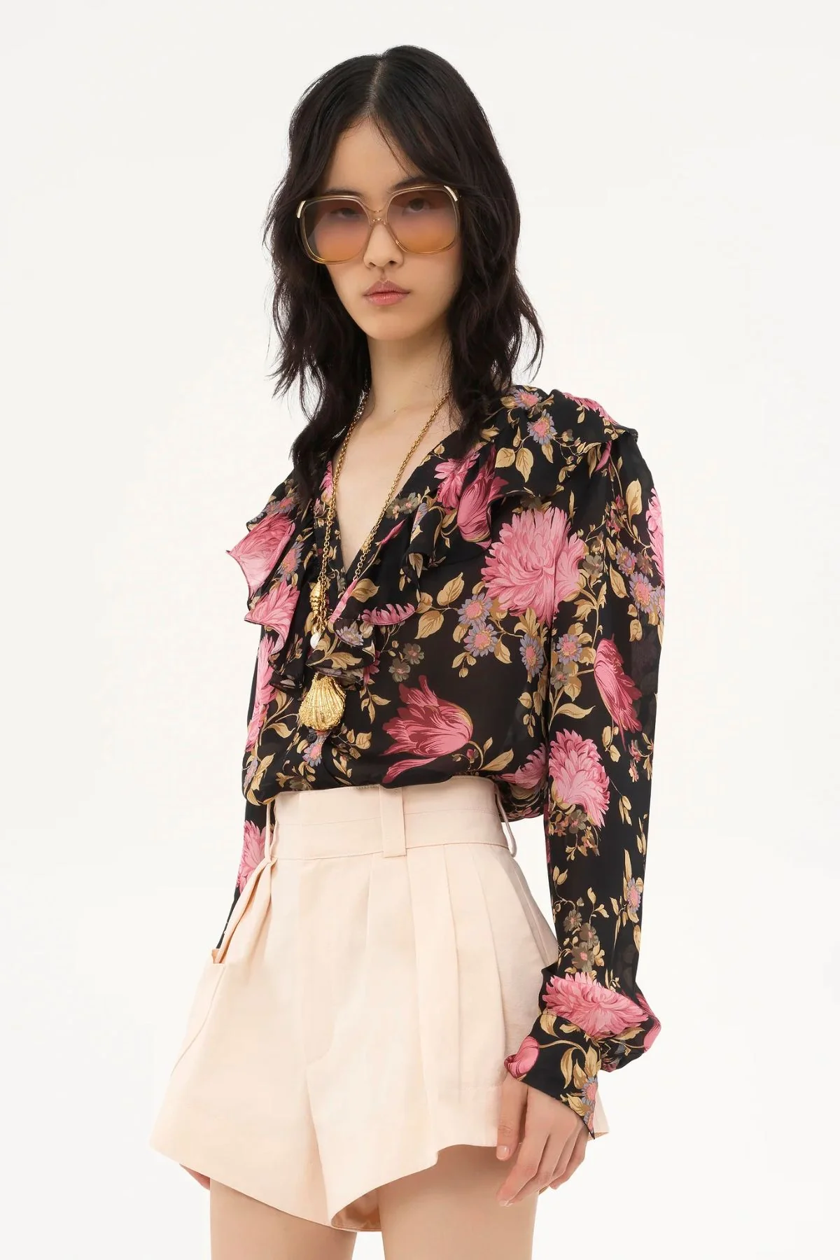Chloé Floral Ruffle LS Top - Black - Image 4