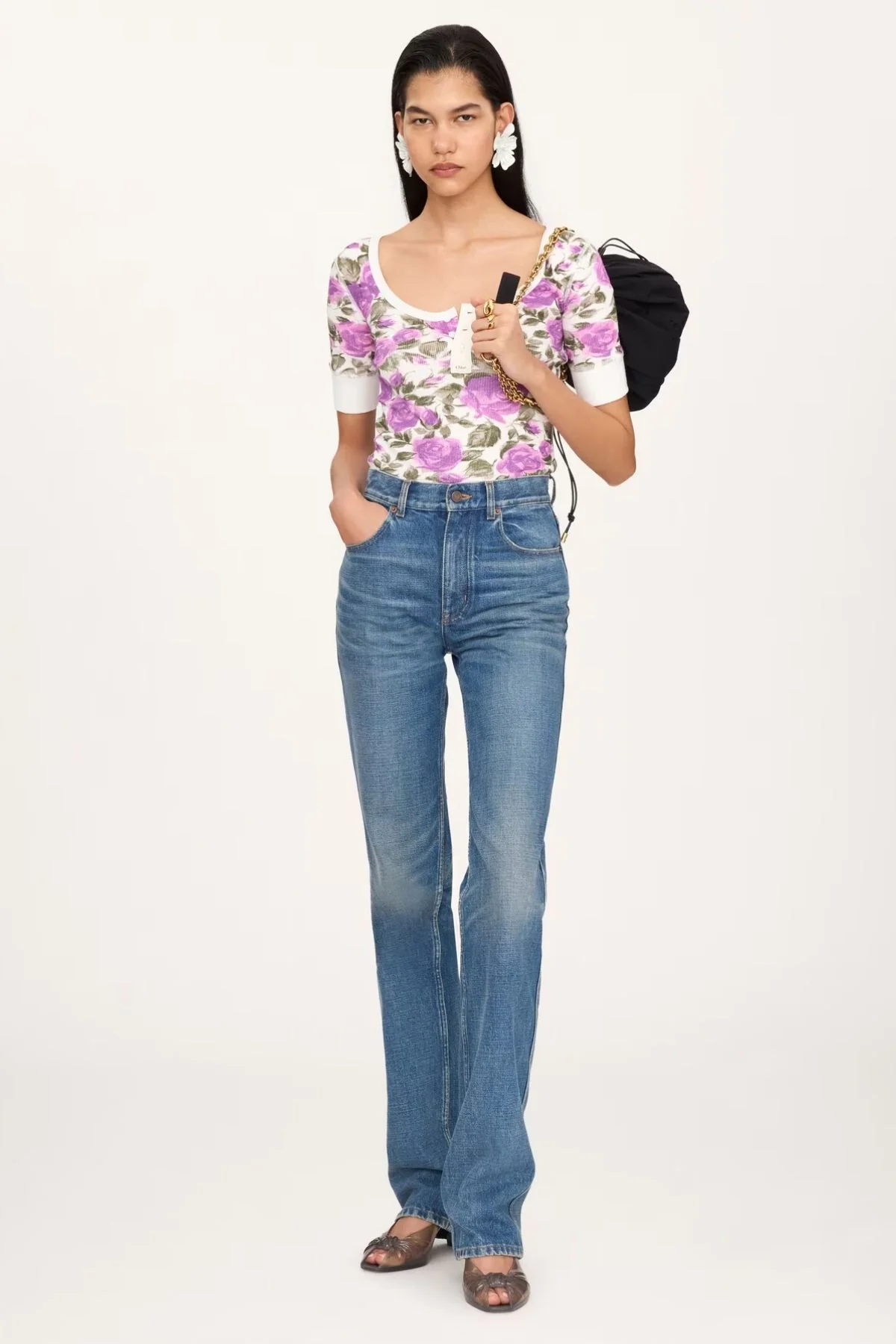 Chloé Roses Print Henley T-Shirt - White Purple - Image 2