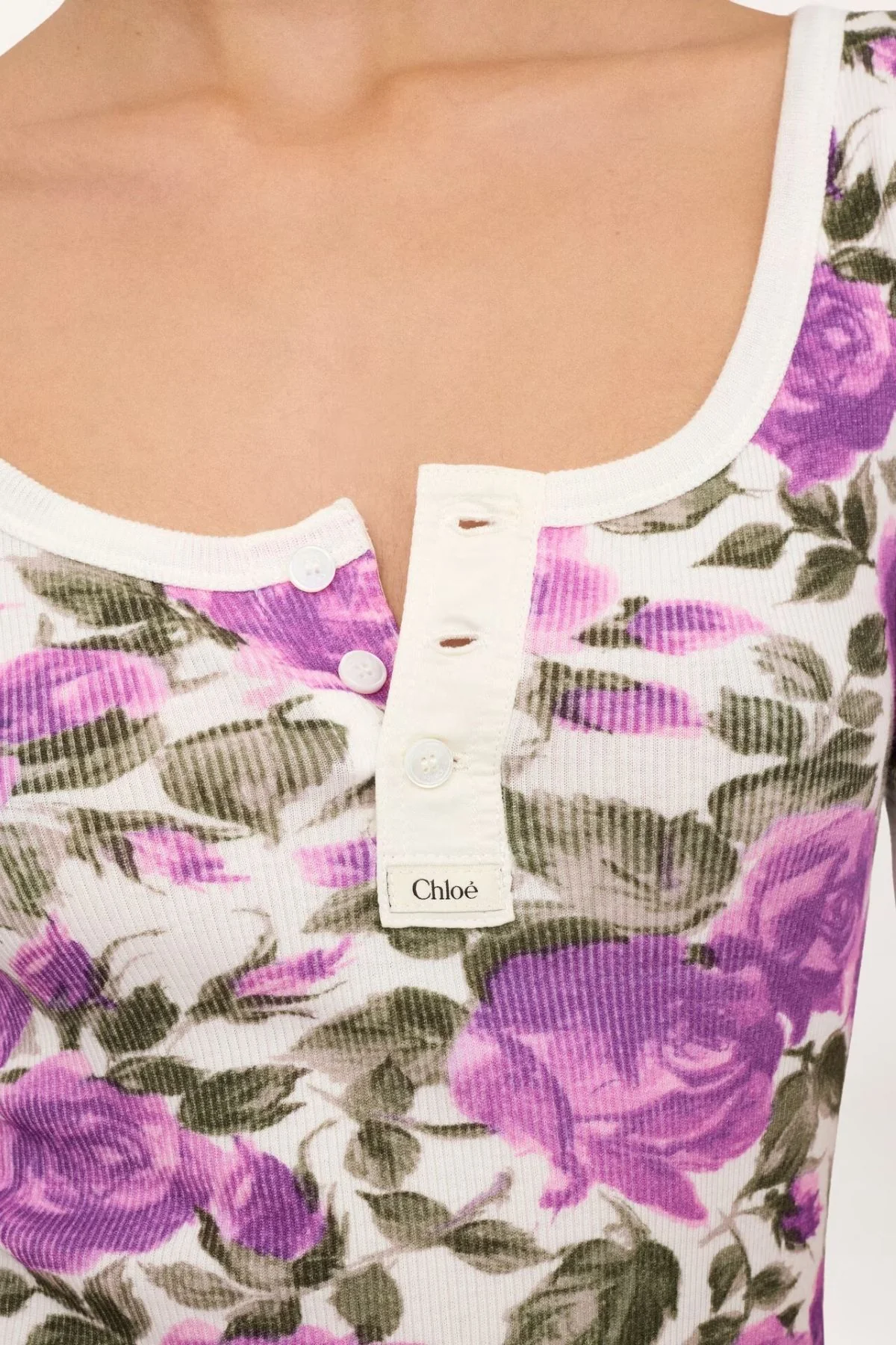 Chloé Roses Print Henley T-Shirt - White Purple - Image 4