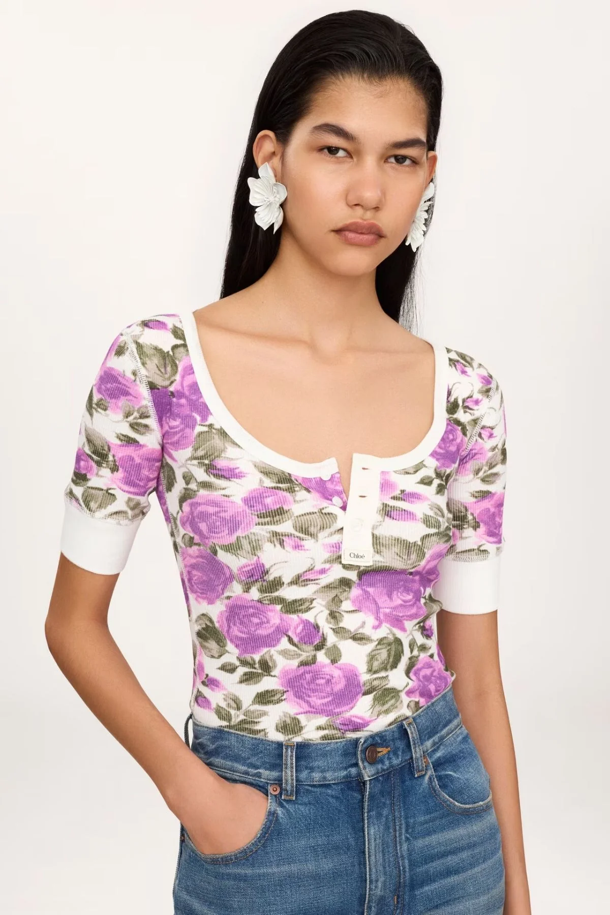 Chloé Roses Print Henley T-Shirt - White Purple - Image 5