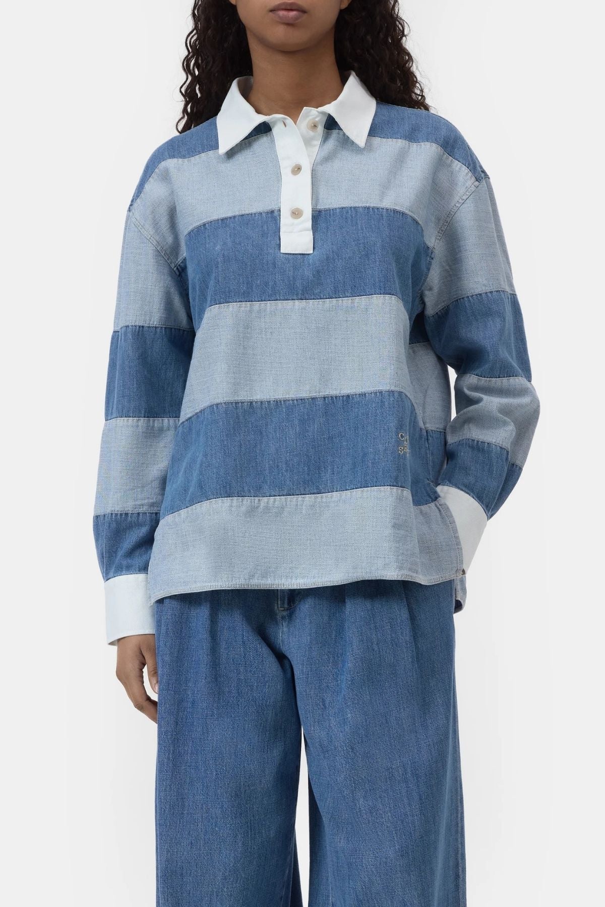 CLOSED Denim Stripe Rugby Shirt - Light Blue - Image 7
