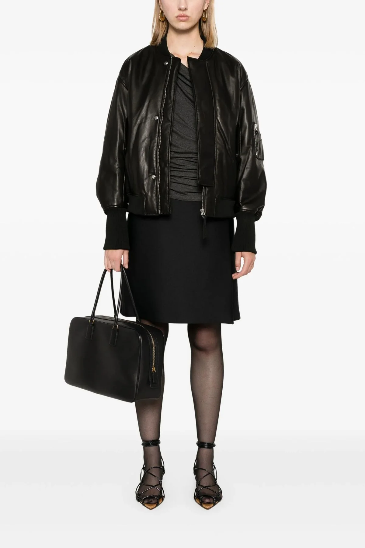 CLOSED Leather Bomber Jacket - Black - Image 3