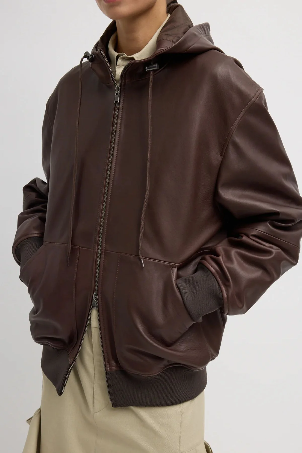 Tibi Leather Zip Up Hoodie Jacket - Brown - Image 5