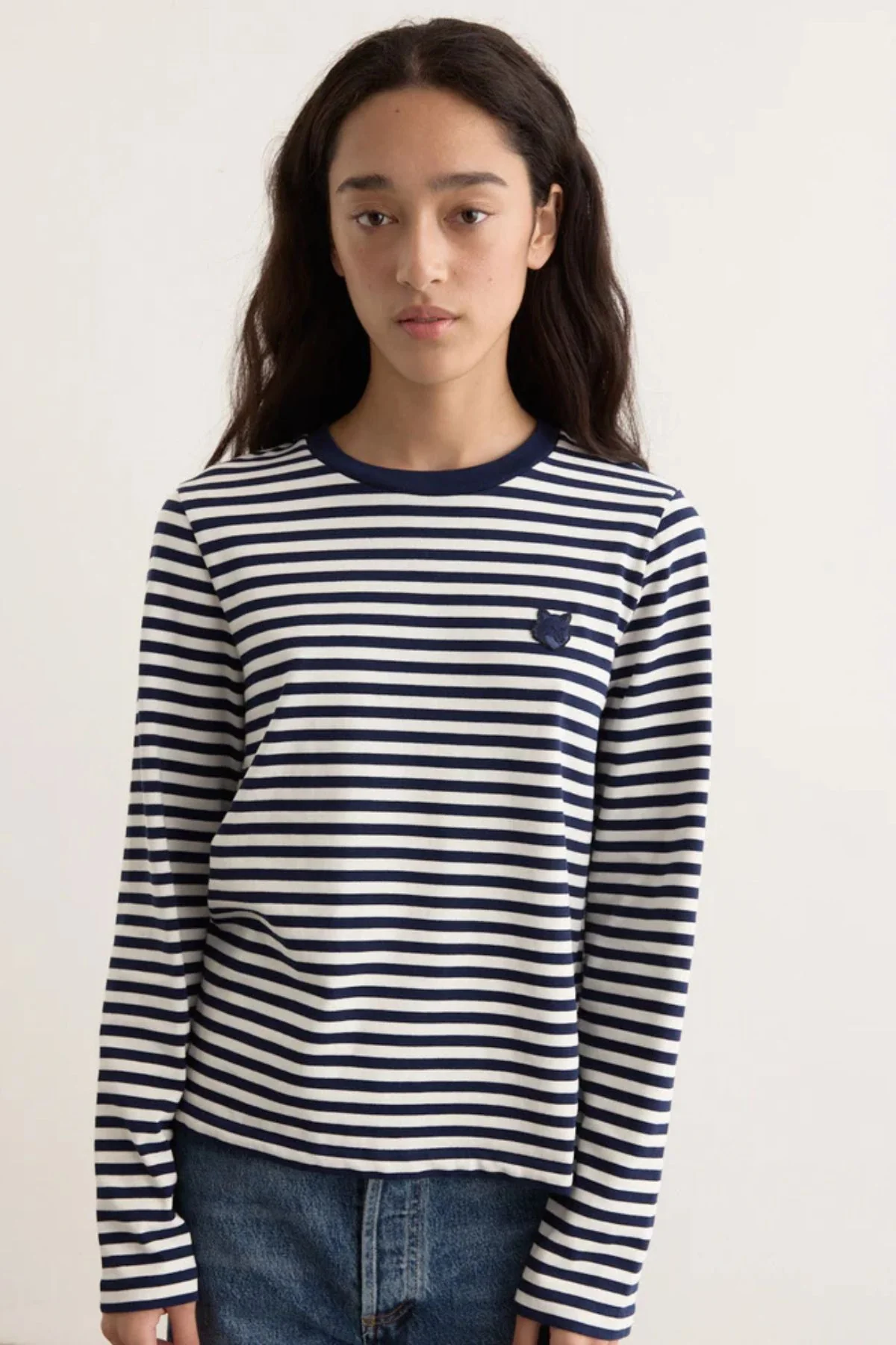 Maison Kitsuné Fox Head Striped T-Shirt - Navy/ Milk - Image 2