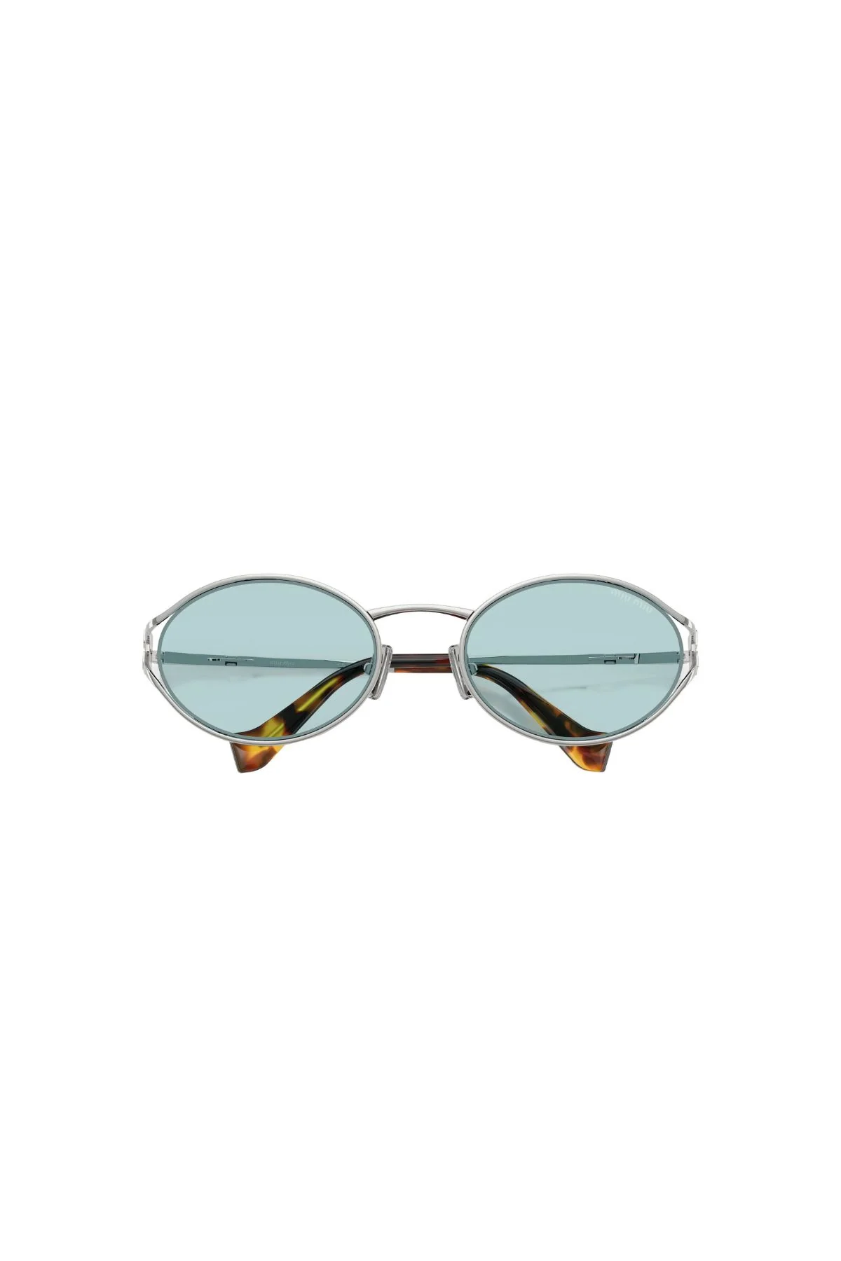 Miu Miu Oval Frame Sunglasses - Silver/ Light Blue - Image 3