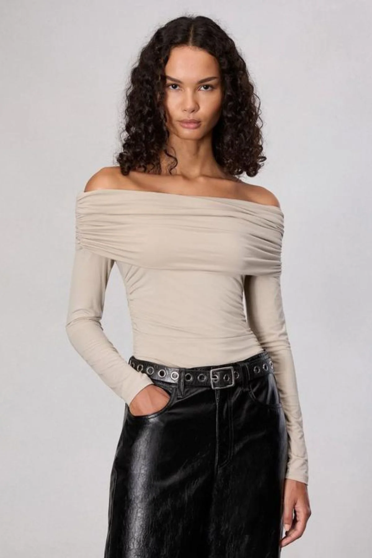 Rag & Bone Luca Off Shoulder LS Top - Fossil - Image 2