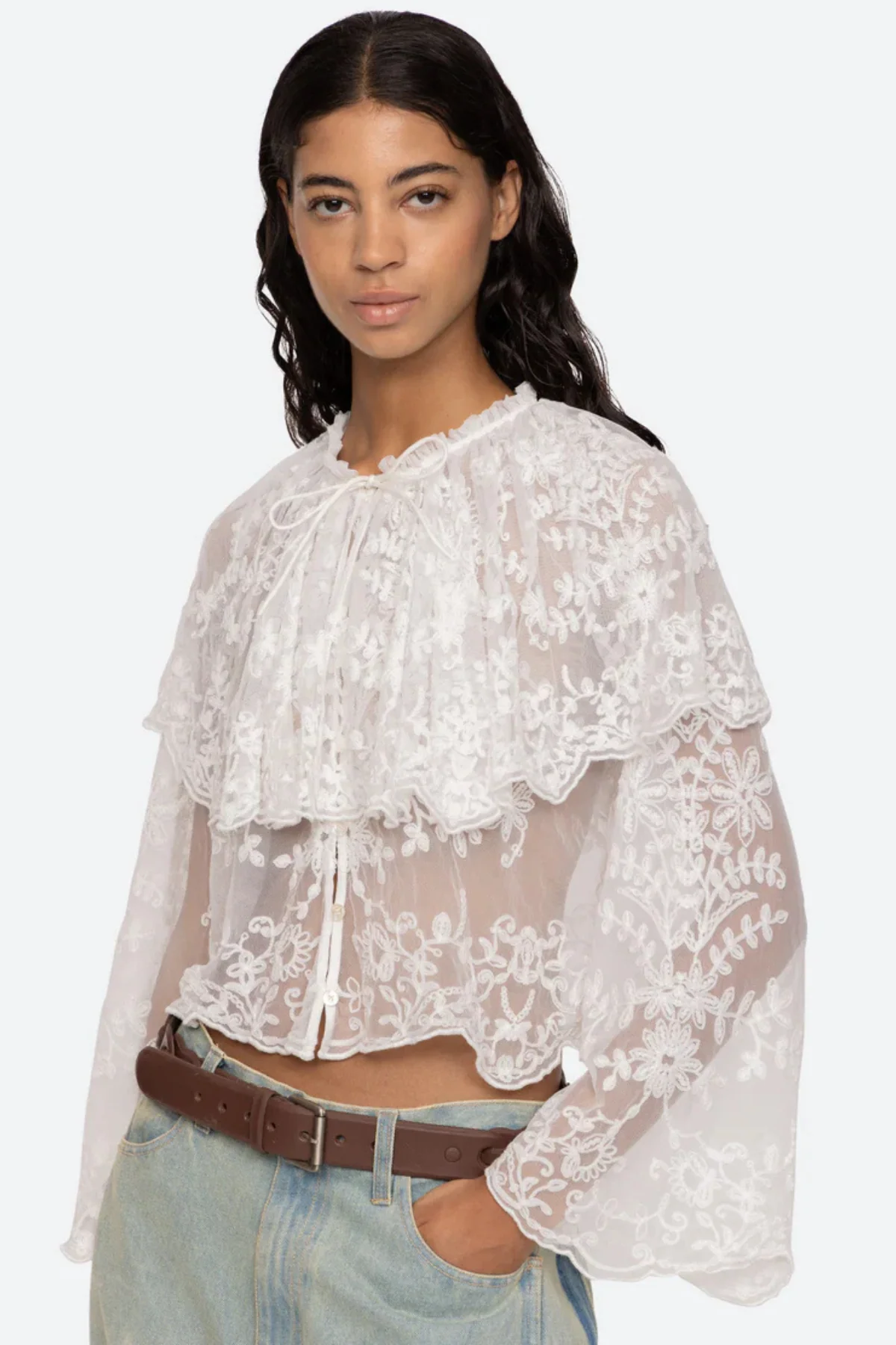 Sea NY Marja Embroidery Capelet Blouse - Pearl - Image 5
