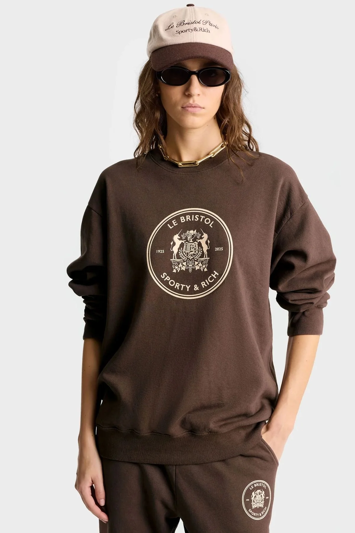 Sporty & Rich Bristol Crest 100th Sweatshirt - Chocolate/ Cream - Image 4