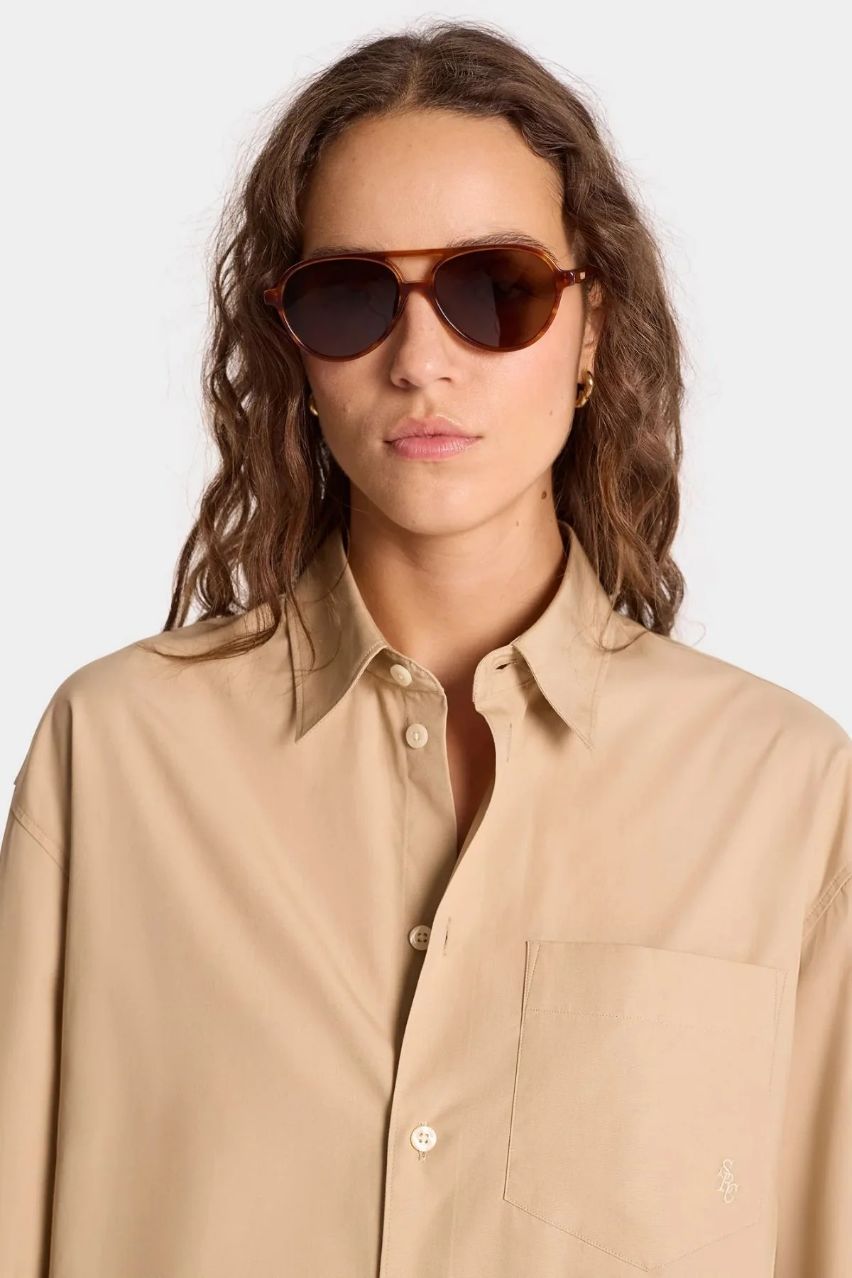 Sporty & Rich SRC Oversized Shirt - British Tan/ White - Image 4