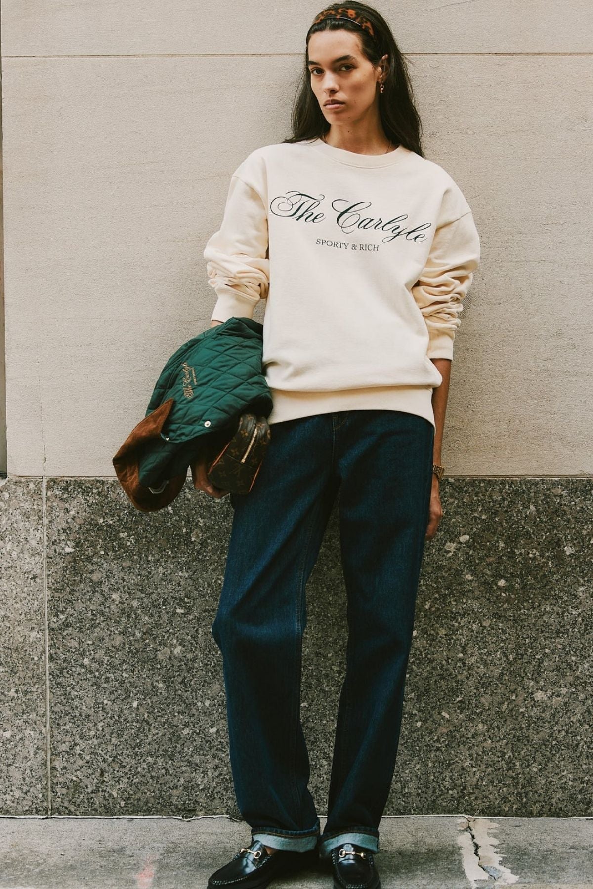 Sporty & Rich The Carlyle Script Sweater - Cream/ Forest - Image 7