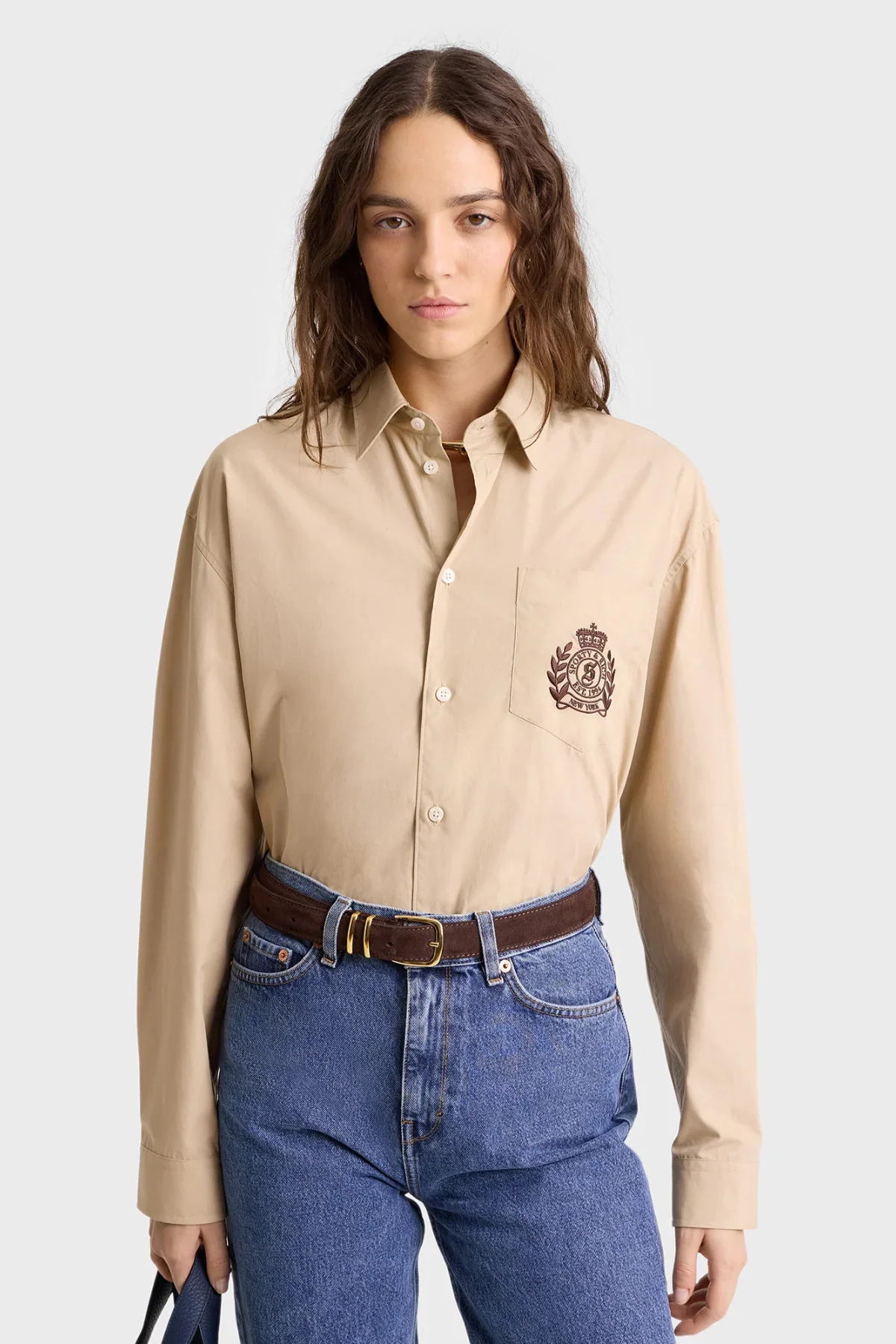 Sporty & Rich H&W Crest Oversized Shirt - Light Tan - Image 2