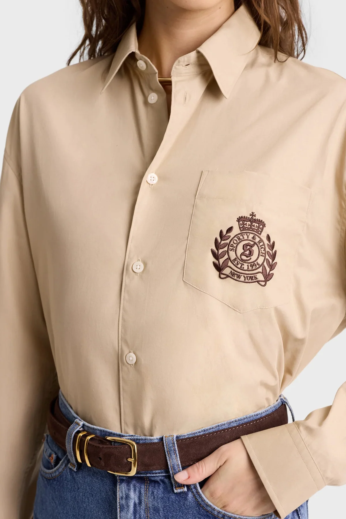 Sporty & Rich H&W Crest Oversized Shirt - Light Tan - Image 4