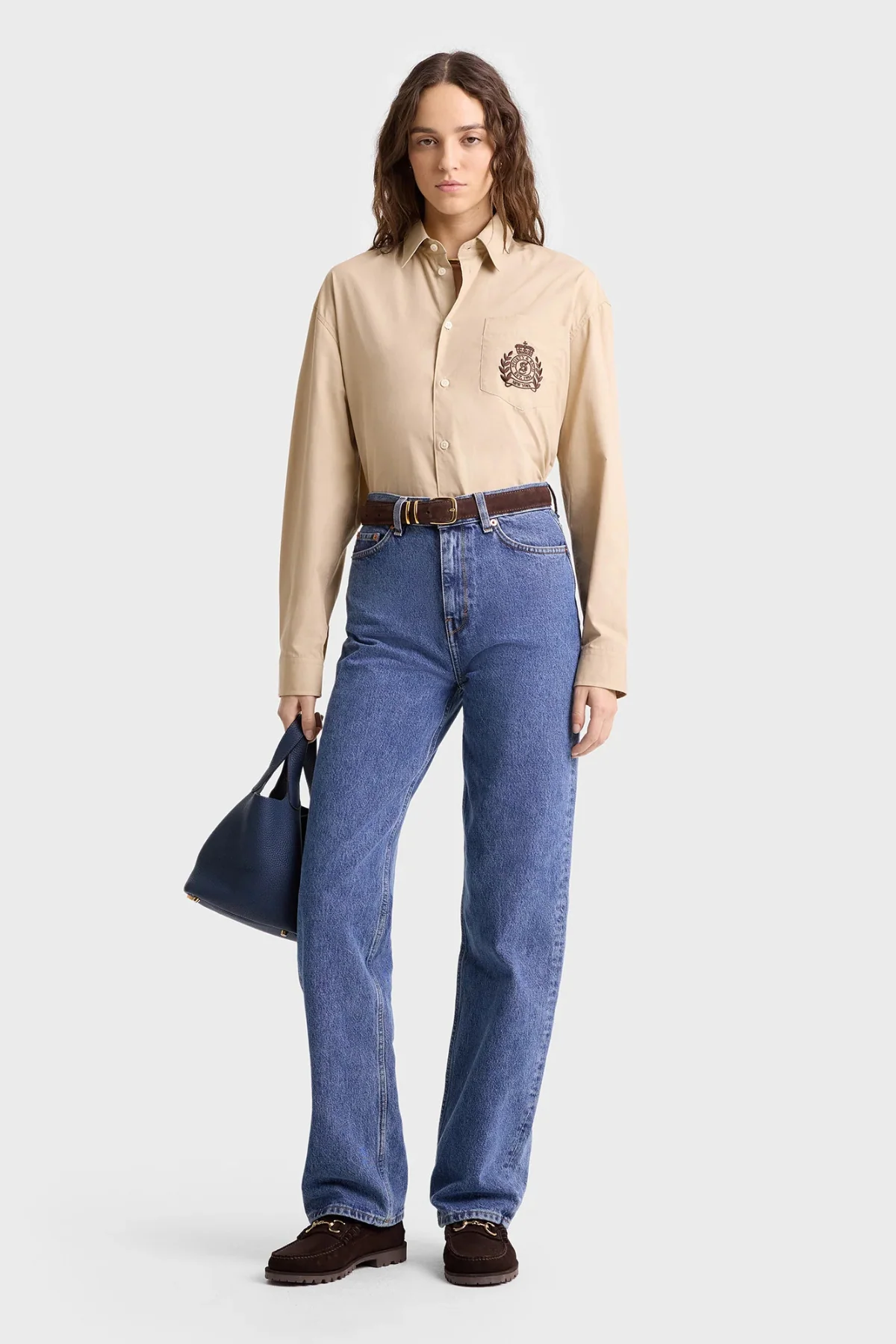 Sporty & Rich H&W Crest Oversized Shirt - Light Tan - Image 6
