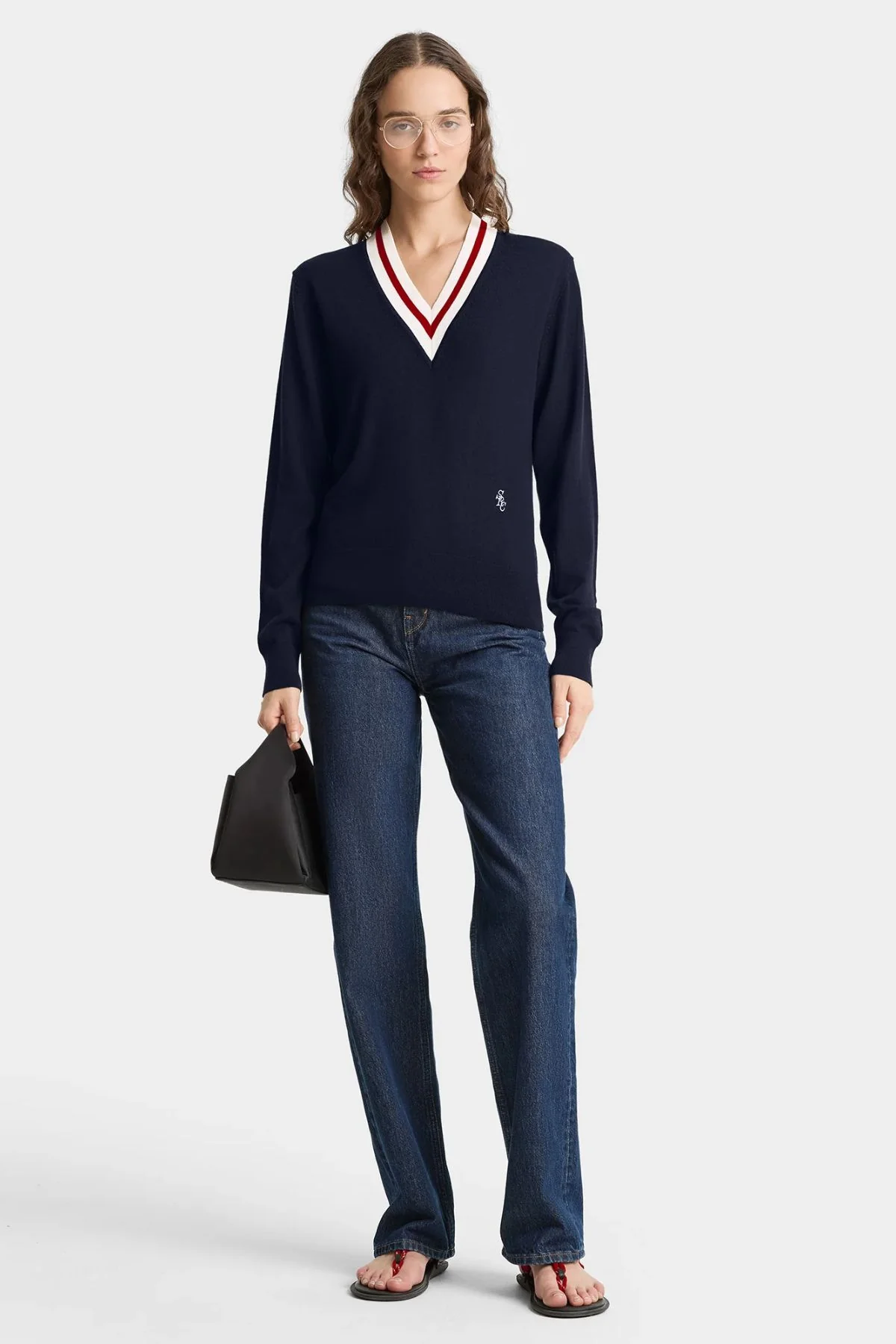 Sporty & Rich V-Neck Sweater - Dark Navy/ Ecru/ Ruby - Image 3
