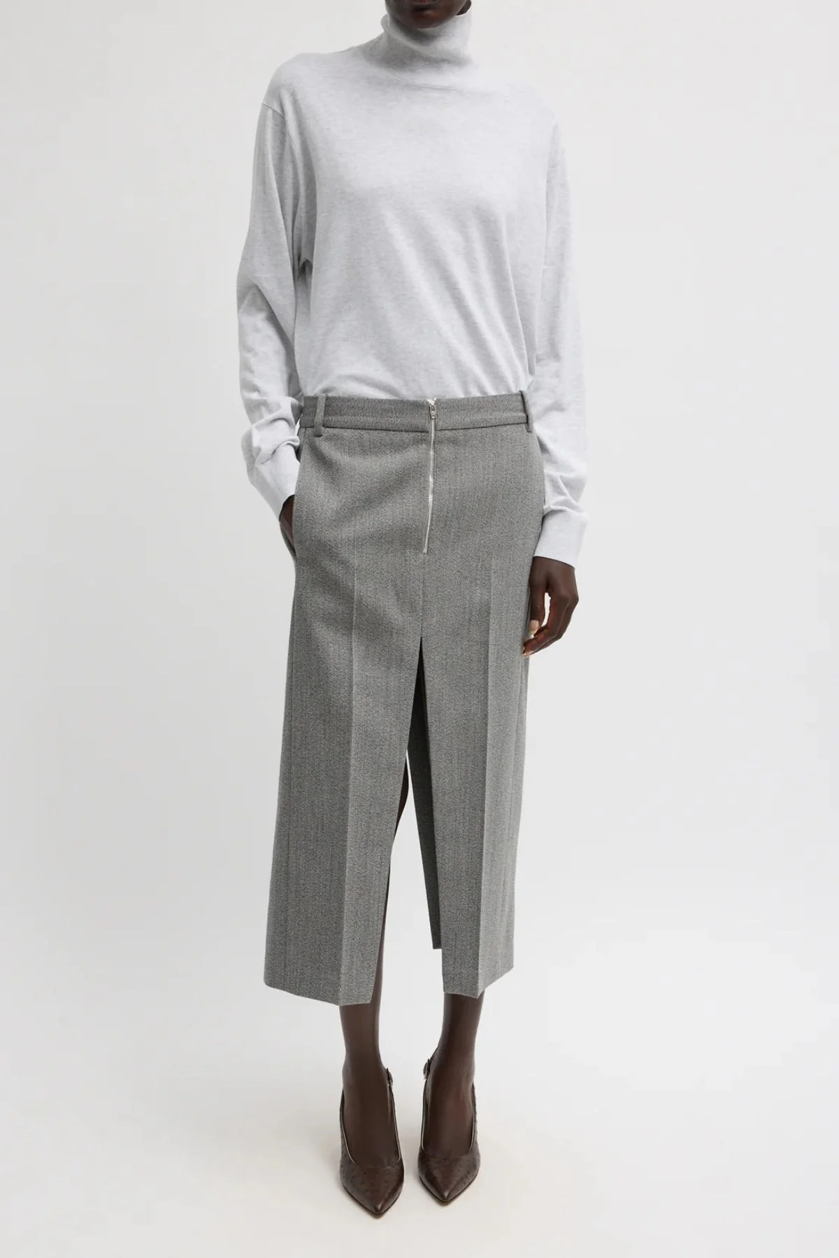 Tibi Zip Front Midi Trouser Skirt - Grey Multi