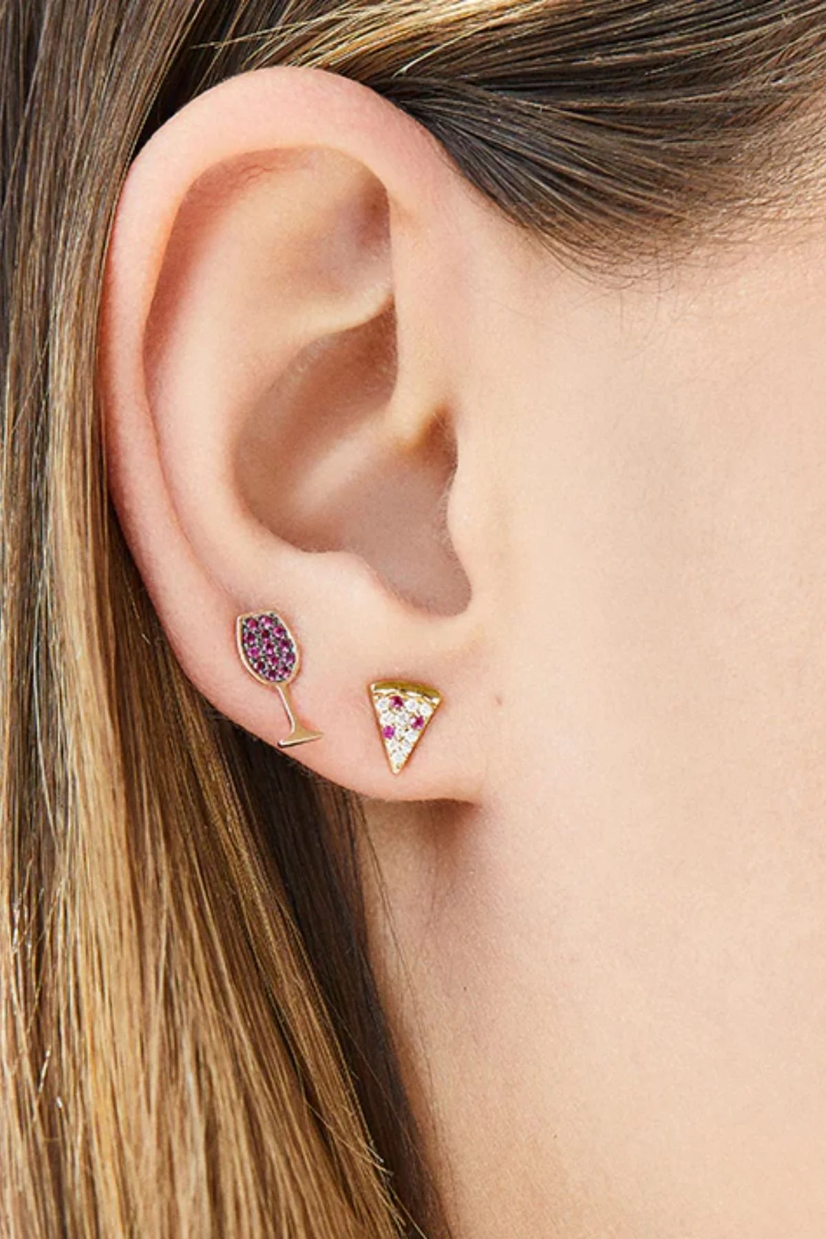 Sydney Evan Gold Diamond & Ruby Pizza Slice Studs - Yellow Gold - Image 2