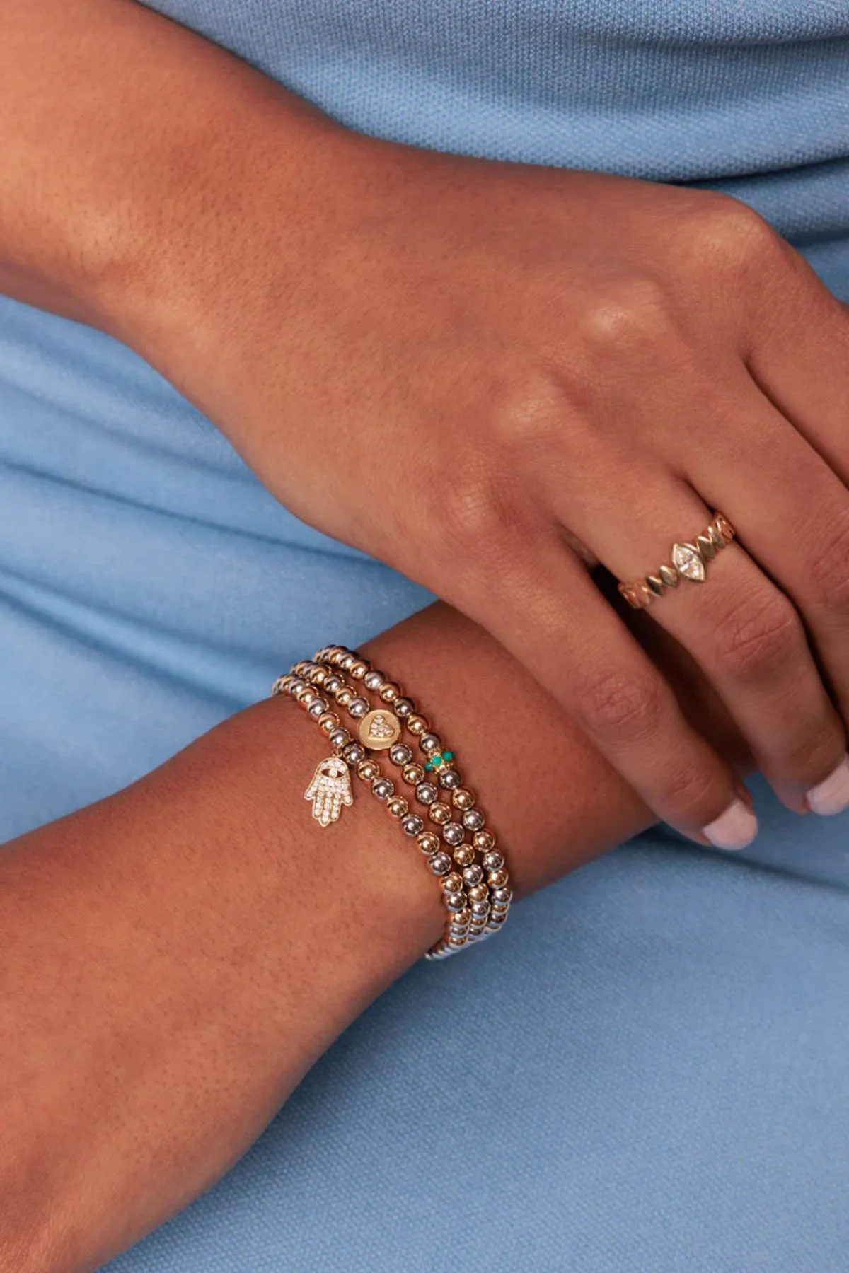 Sydney Evan Gold & Turquoise Scallop Rondelle Bracelet - Yellow/ Silver - Image 3