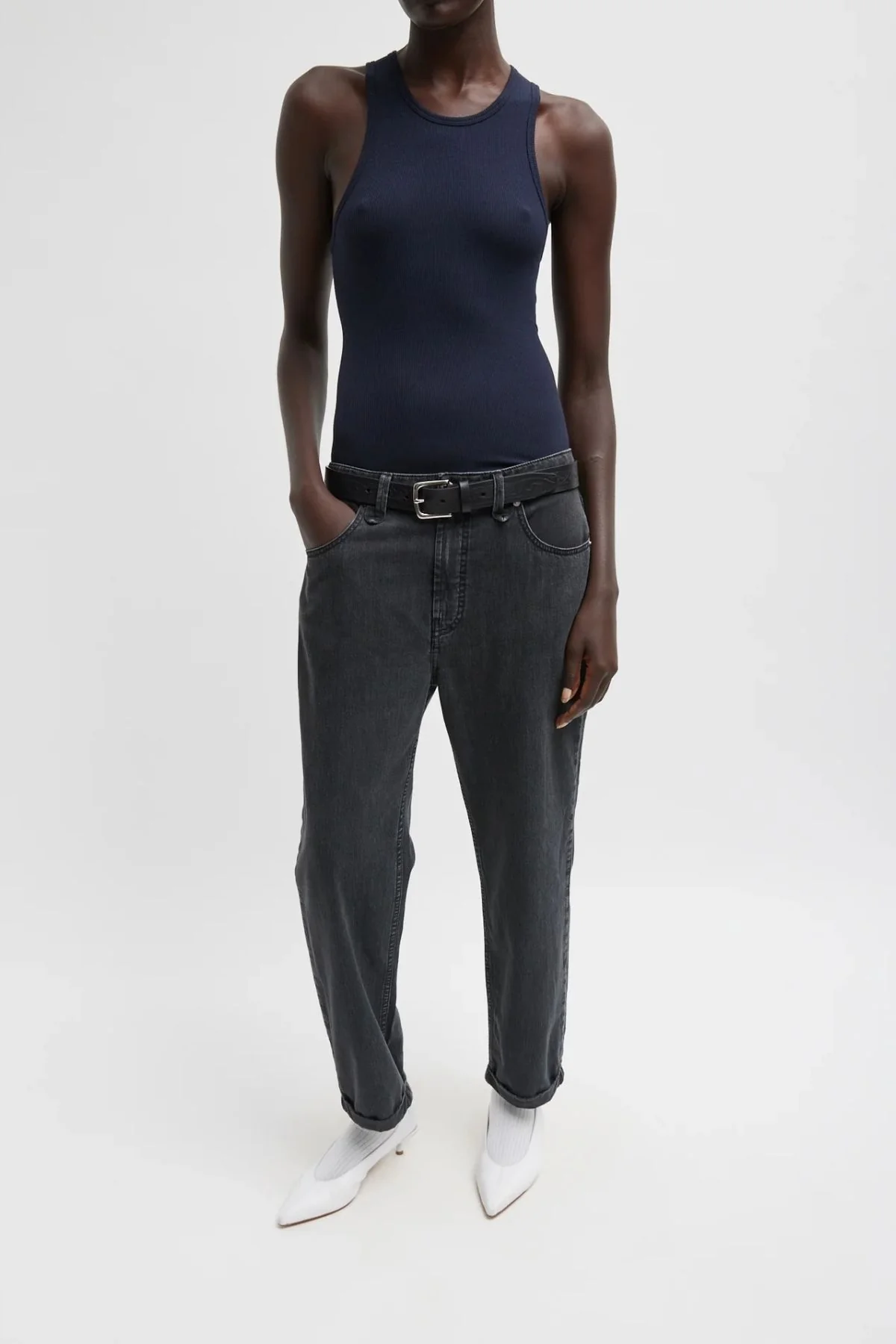 Tibi Circular Fine Rib T-Shirt Tank - Navy