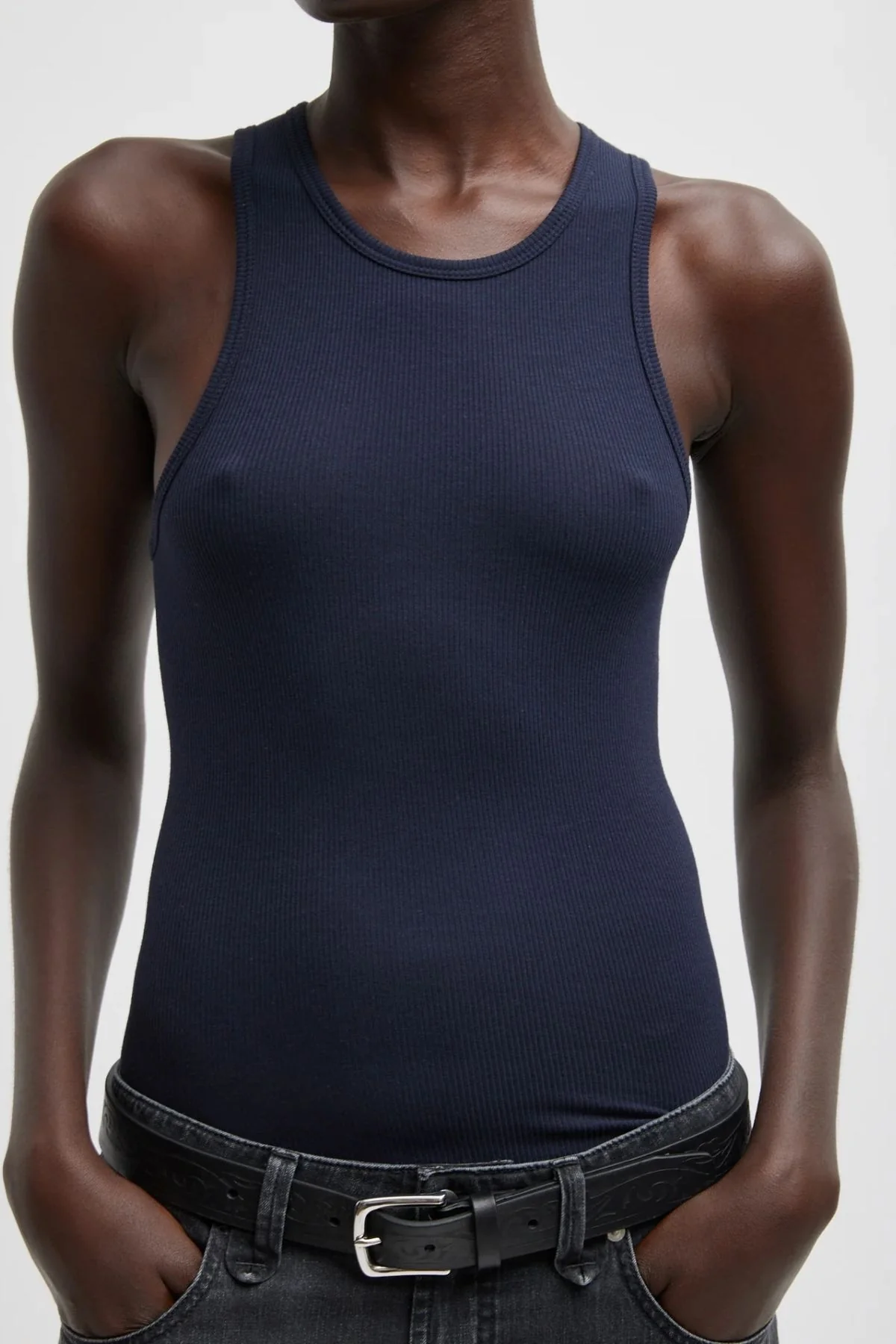 Tibi Circular Fine Rib T-Shirt Tank - Navy - Image 4
