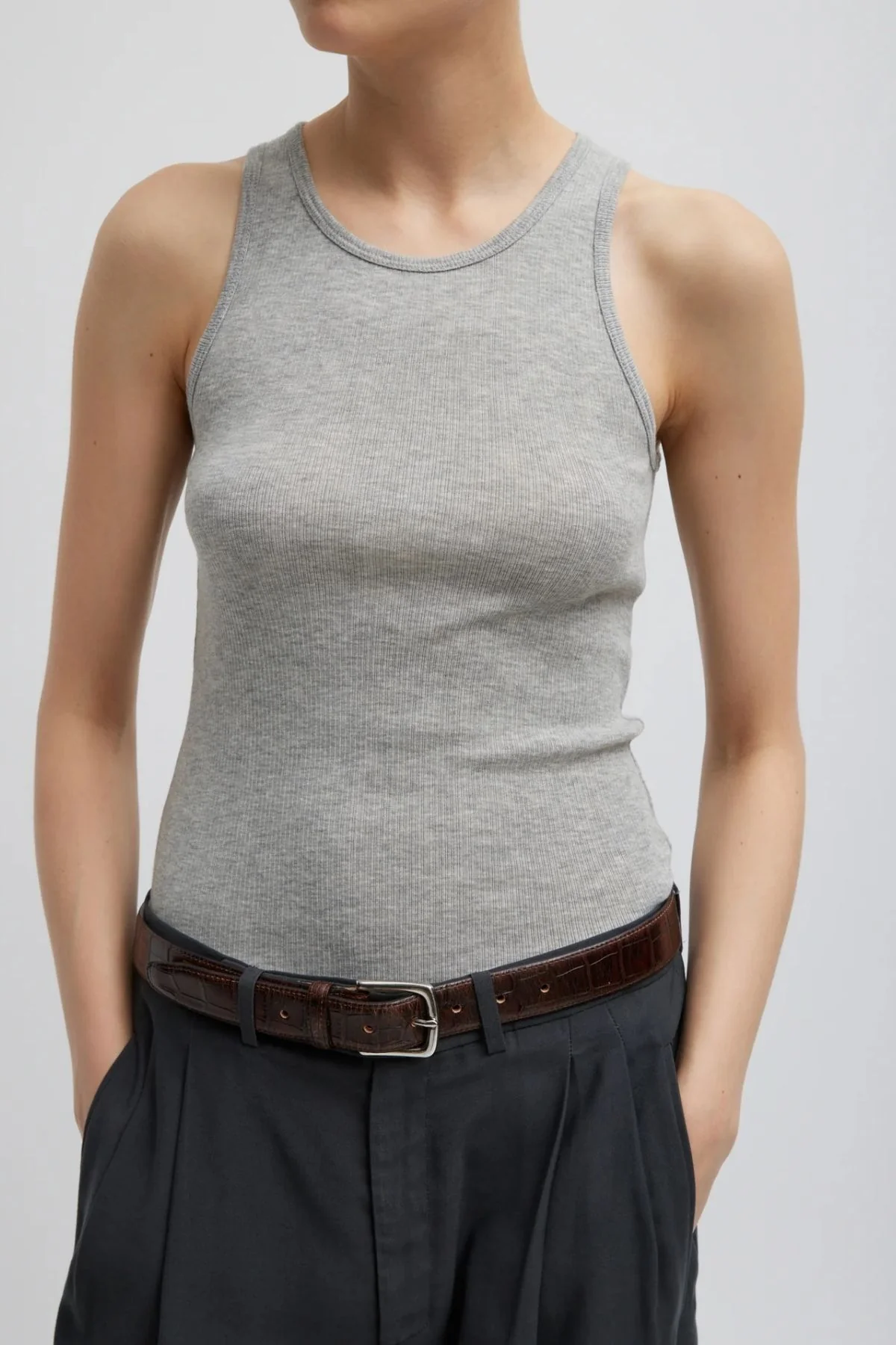Tibi Circular Fine Rib Tank - Heather Grey - Image 3