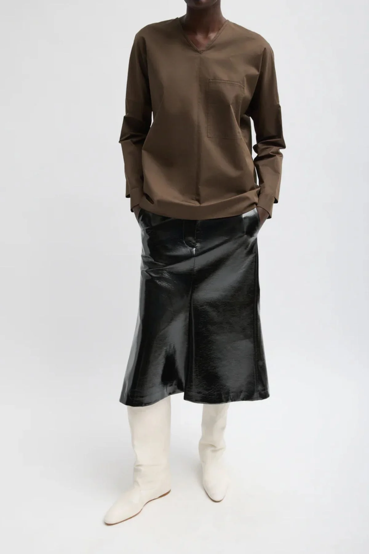 Tibi Eco Poplin V-Neck Dolman Top - Brown