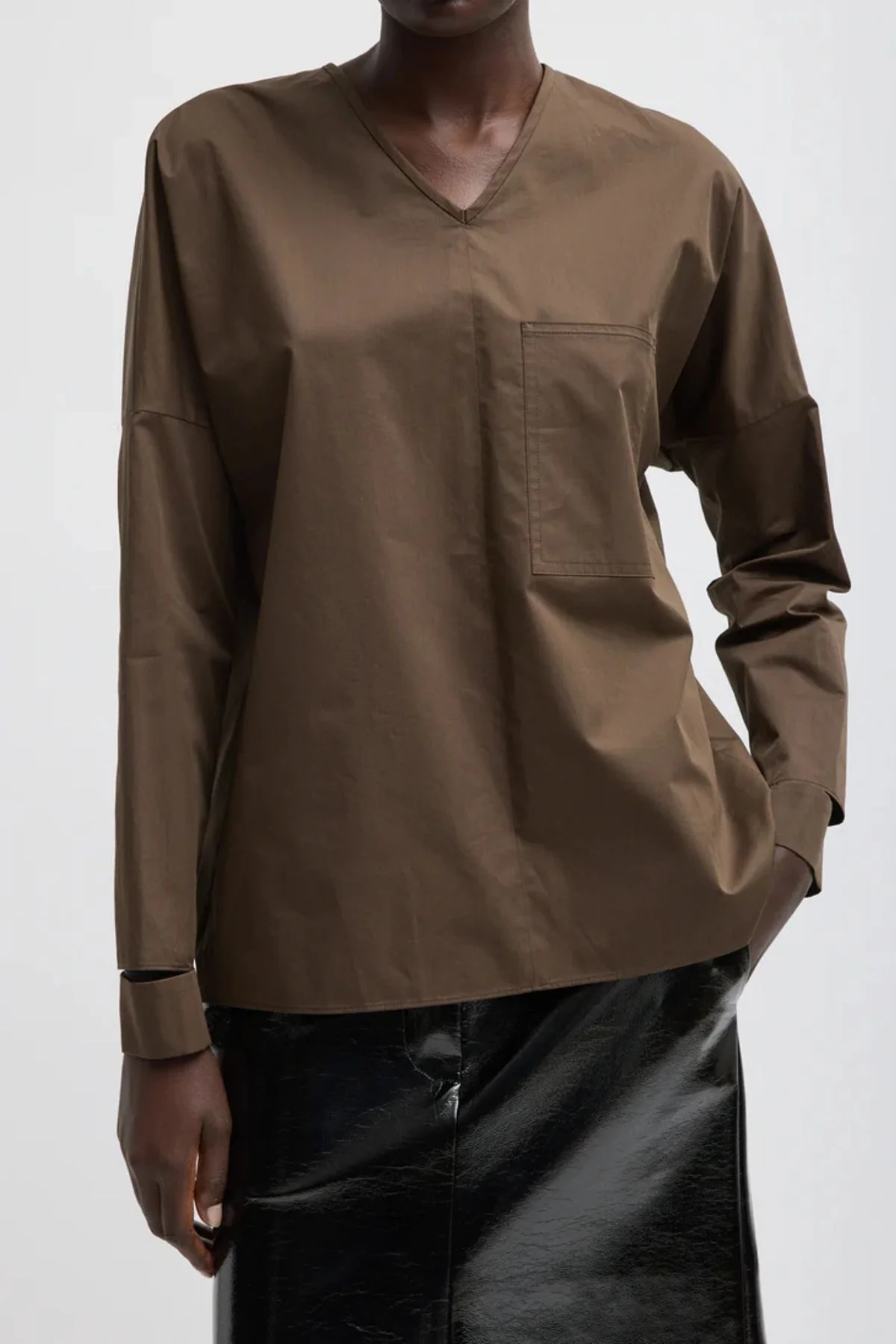 Tibi Eco Poplin V-Neck Dolman Top - Brown - Image 5