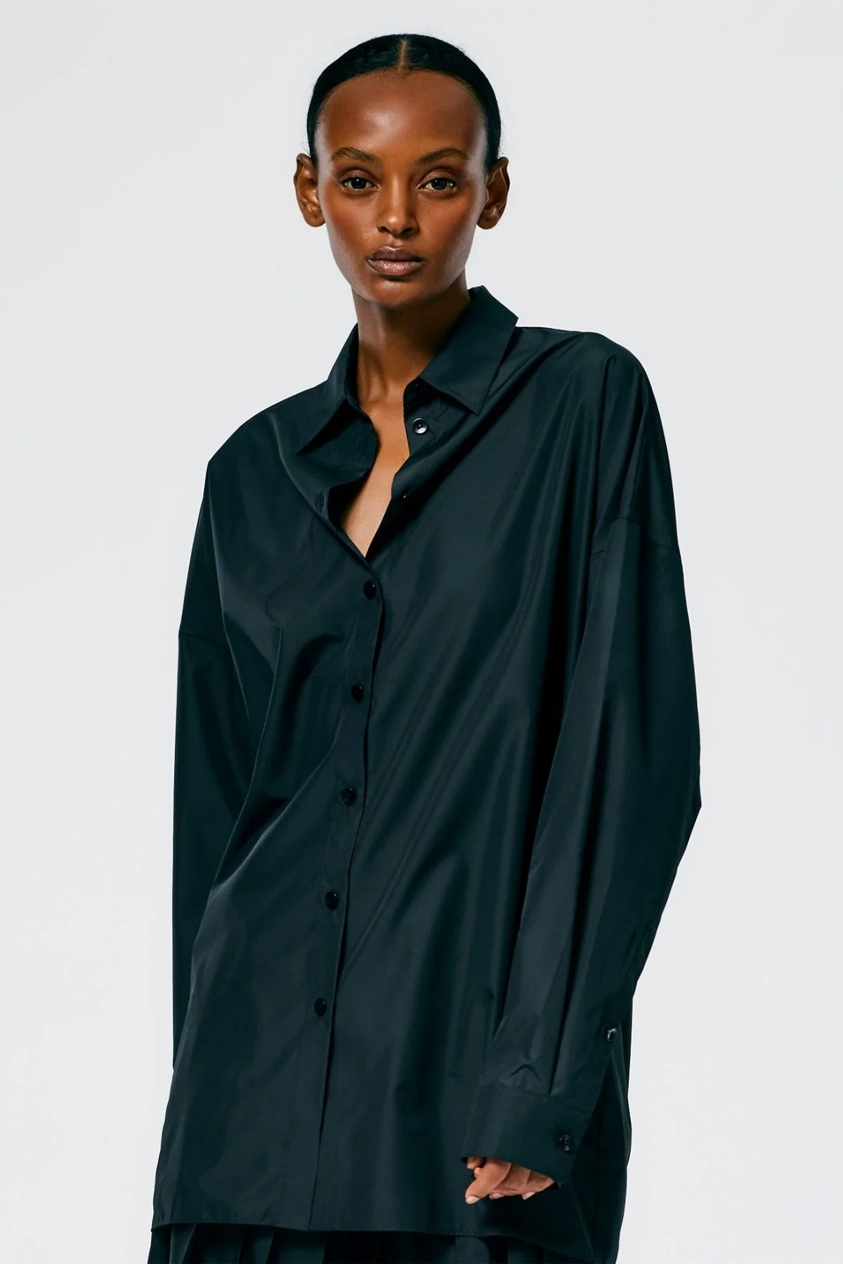 Tibi Italian Sporty Nylon Shirt Cocoon Back - Black