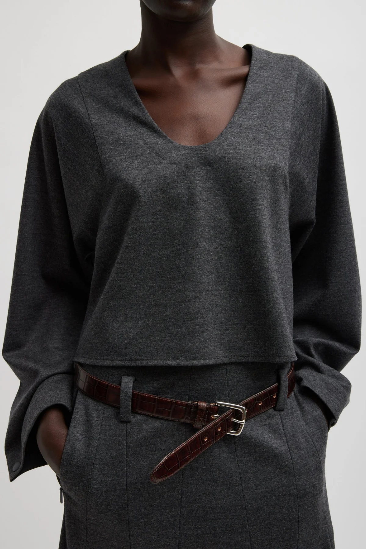 Tibi Melange Jersey U-Neck Top - Dark Heather - Image 4