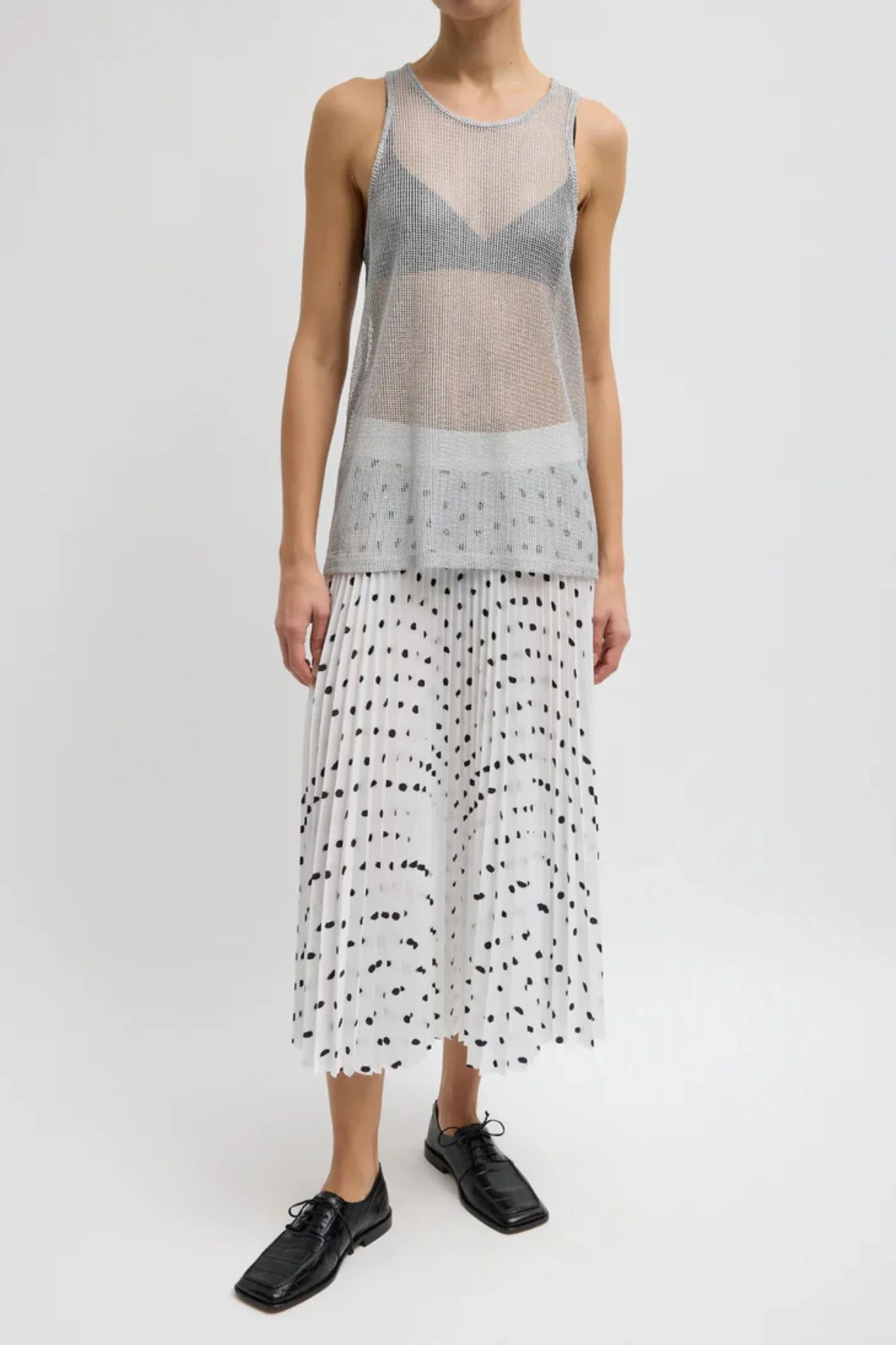 Tibi Scribble Dot Print Pleated Skirt - White/ Black Multi