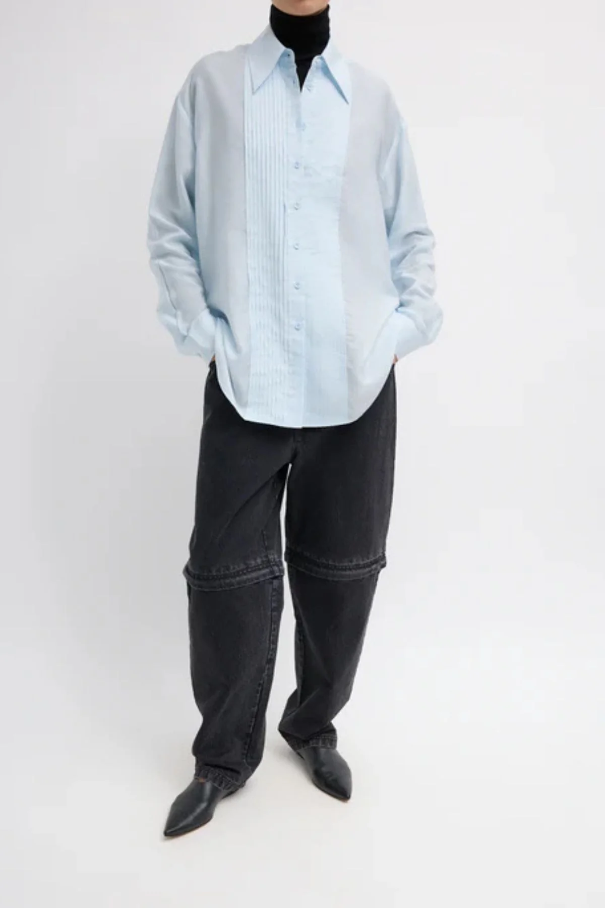 Tibi Silk Voile Easy Pintucked Shirt - Ice Blue