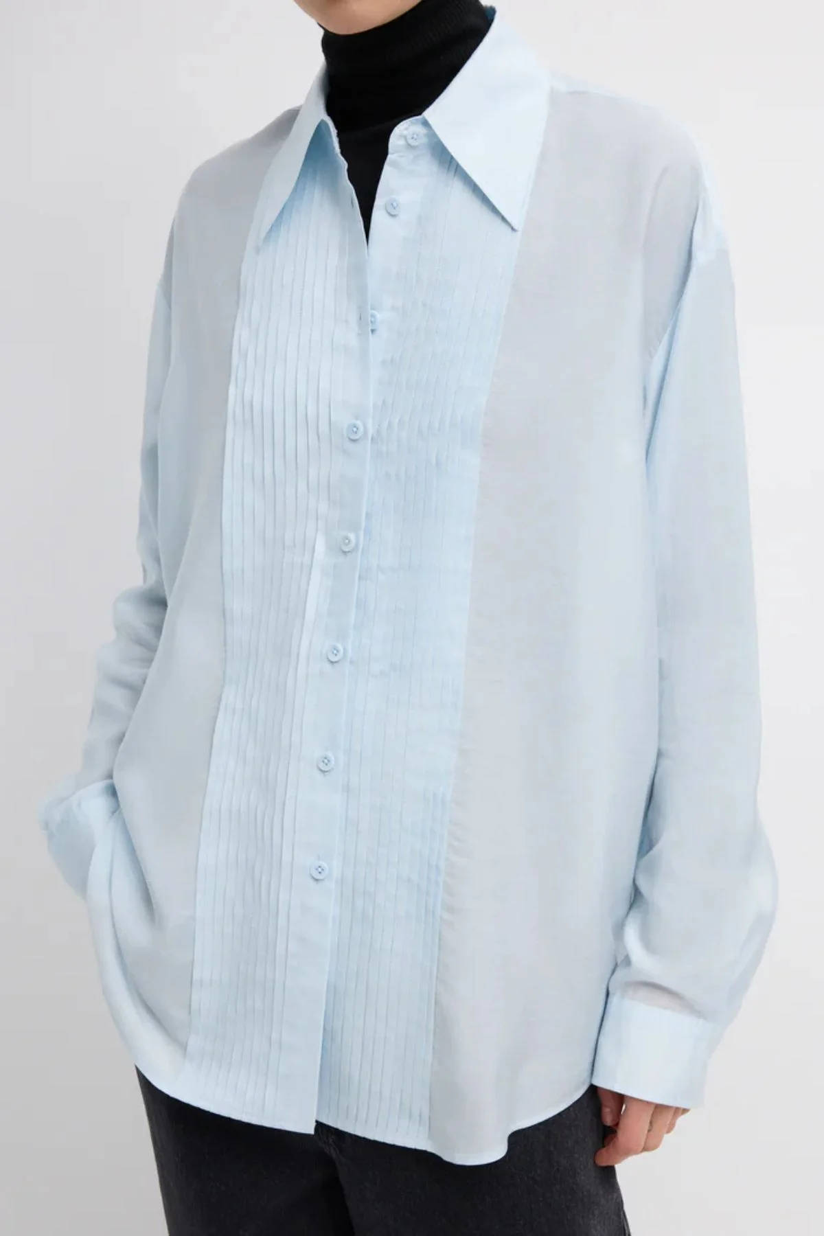 Tibi Silk Voile Easy Pintucked Shirt - Ice Blue - Image 5