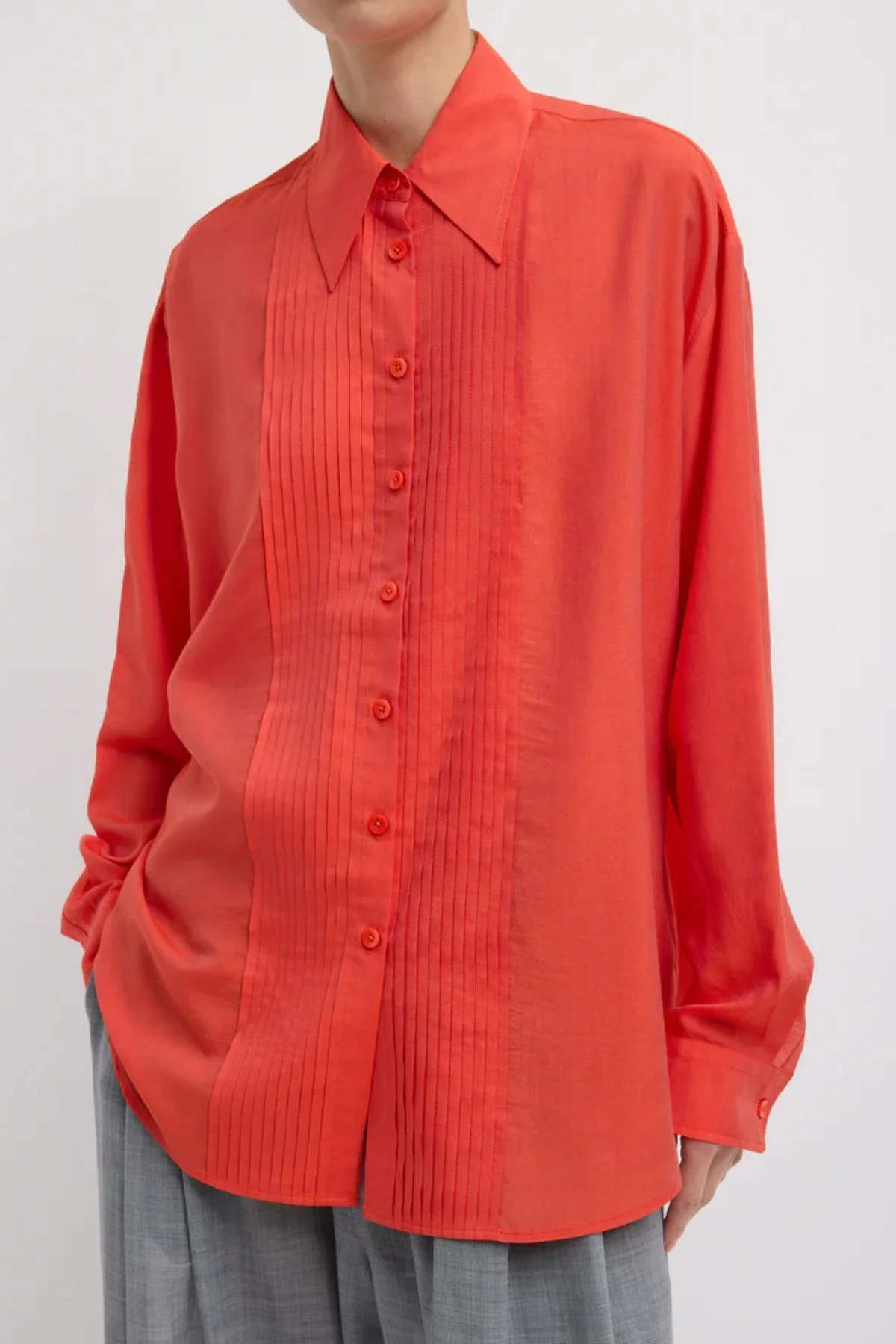 Tibi Silk Voile Easy Pintucked Shirt - Red - Image 5
