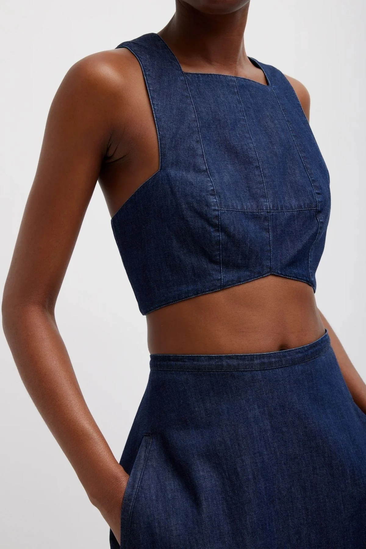 Tibi Summer Denim Square Neck Cropped Top - Indigo - Image 3