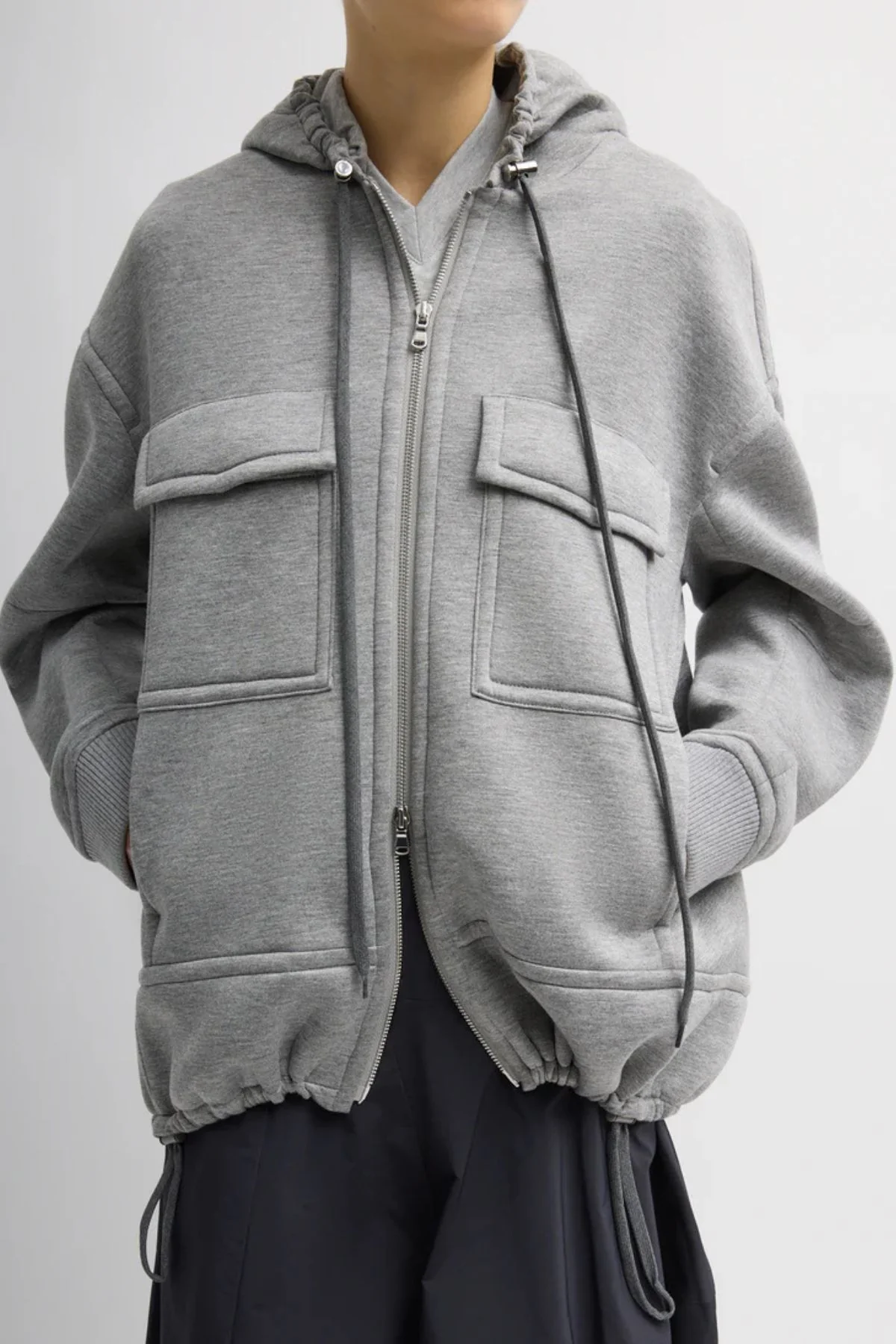 Tibi Techy Viscose Zip Up Hoodie - Heather Grey - Image 5