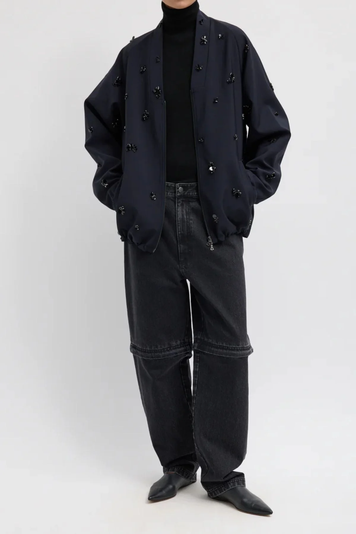 Tibi Tropical Wool Beaded Bomber - Navy