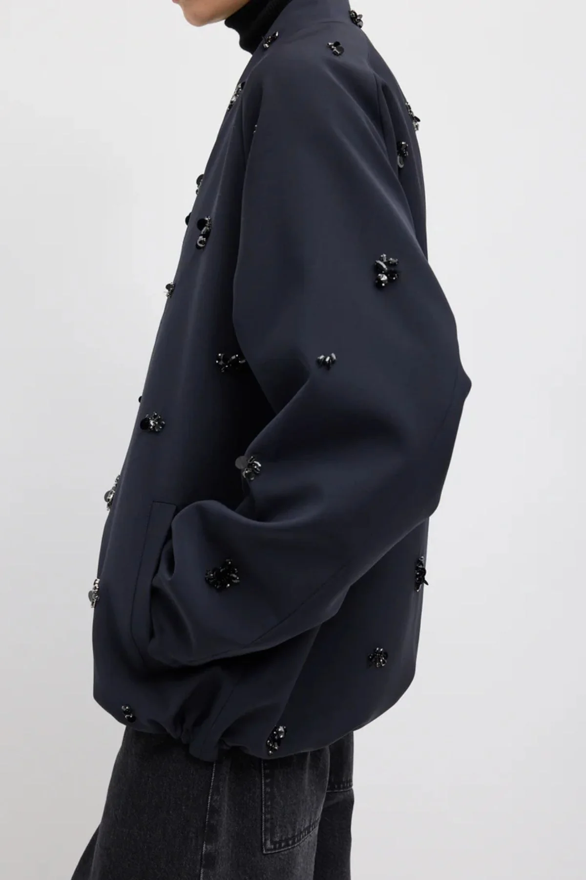 Tibi Tropical Wool Beaded Bomber - Navy - Image 2