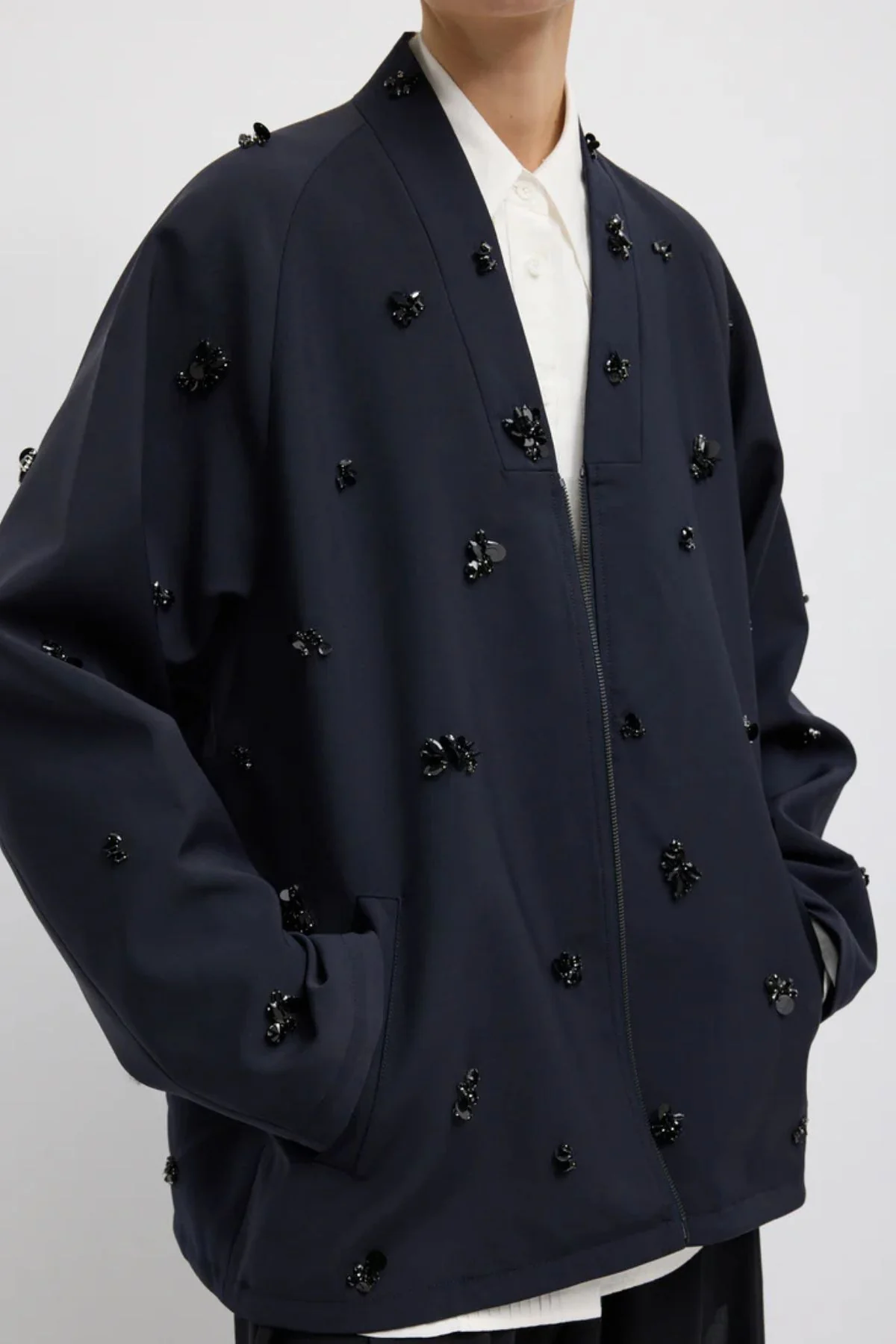 Tibi Tropical Wool Beaded Bomber - Navy - Image 5