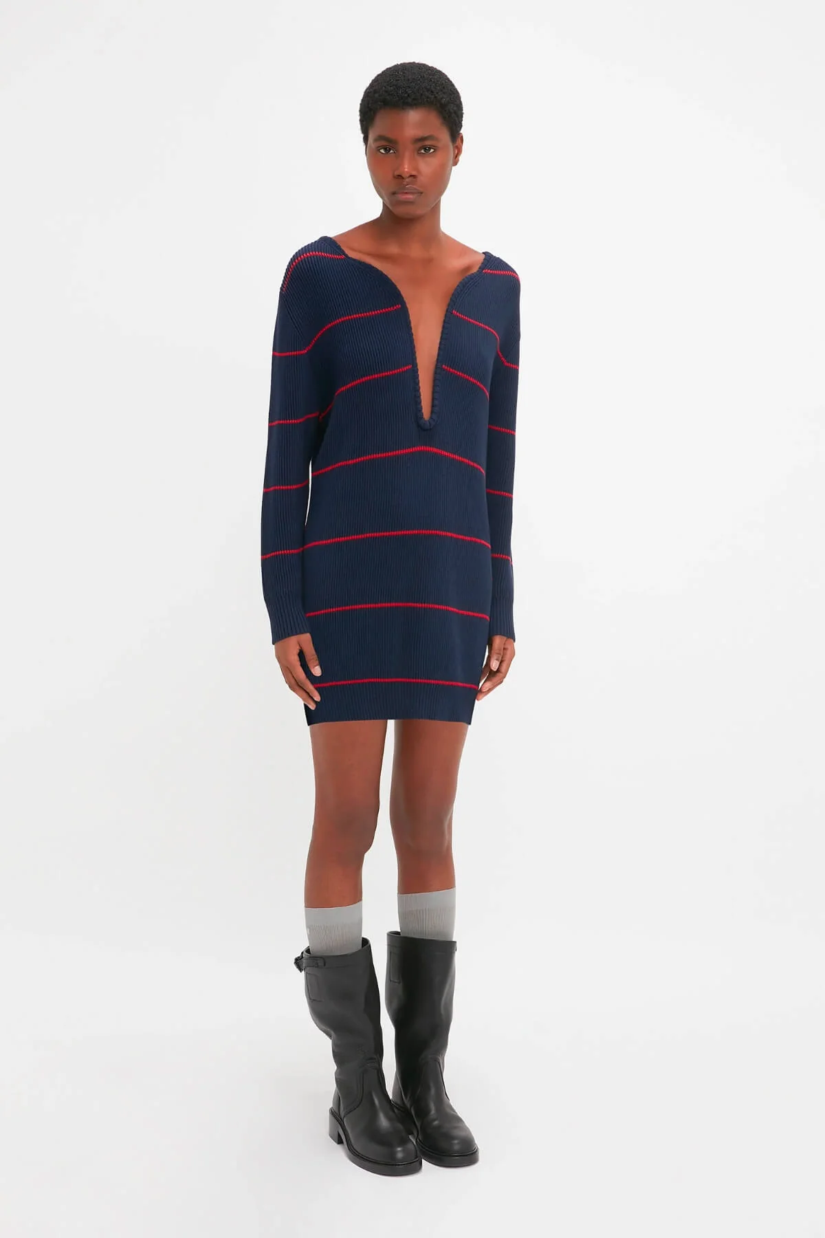 Victoria Beckham Frame Detail Jumper Dress - Navy/ Red - Image 4