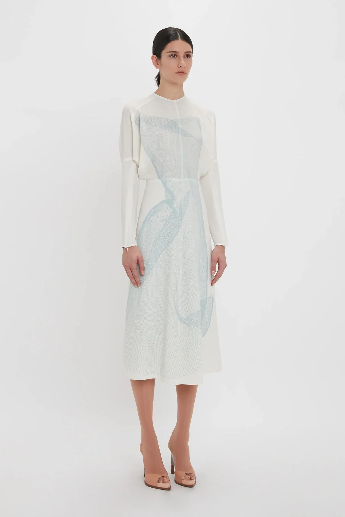 Victoria Beckham Long Sleeve Dolman Midi Dress - White/ Viper Blue - Image 4